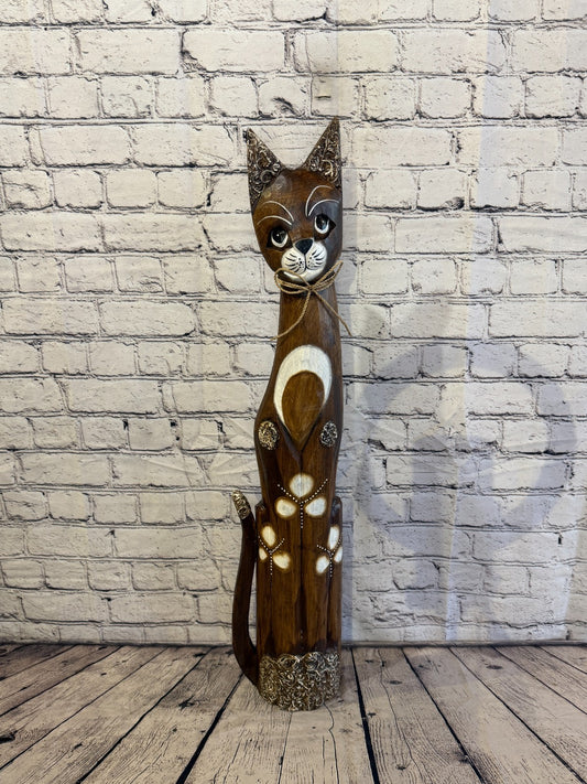 80cm Brown Silver Dots Wooden Shabby Cat Statue Ornament Fair Trade Handcarved0