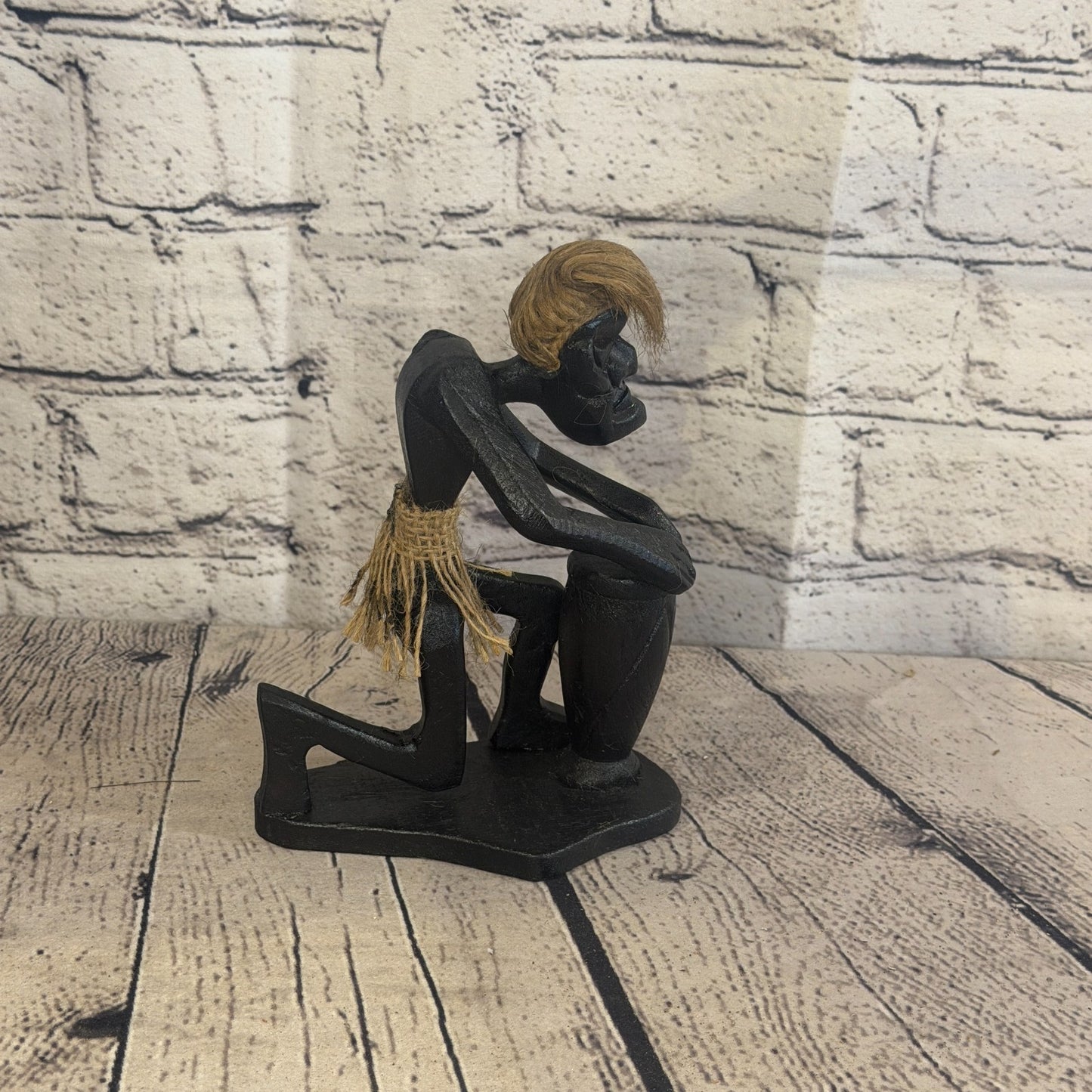 15cm Kneeling Drummer African Tribal Warrior Man Figure Statue Wood Hand Carved3