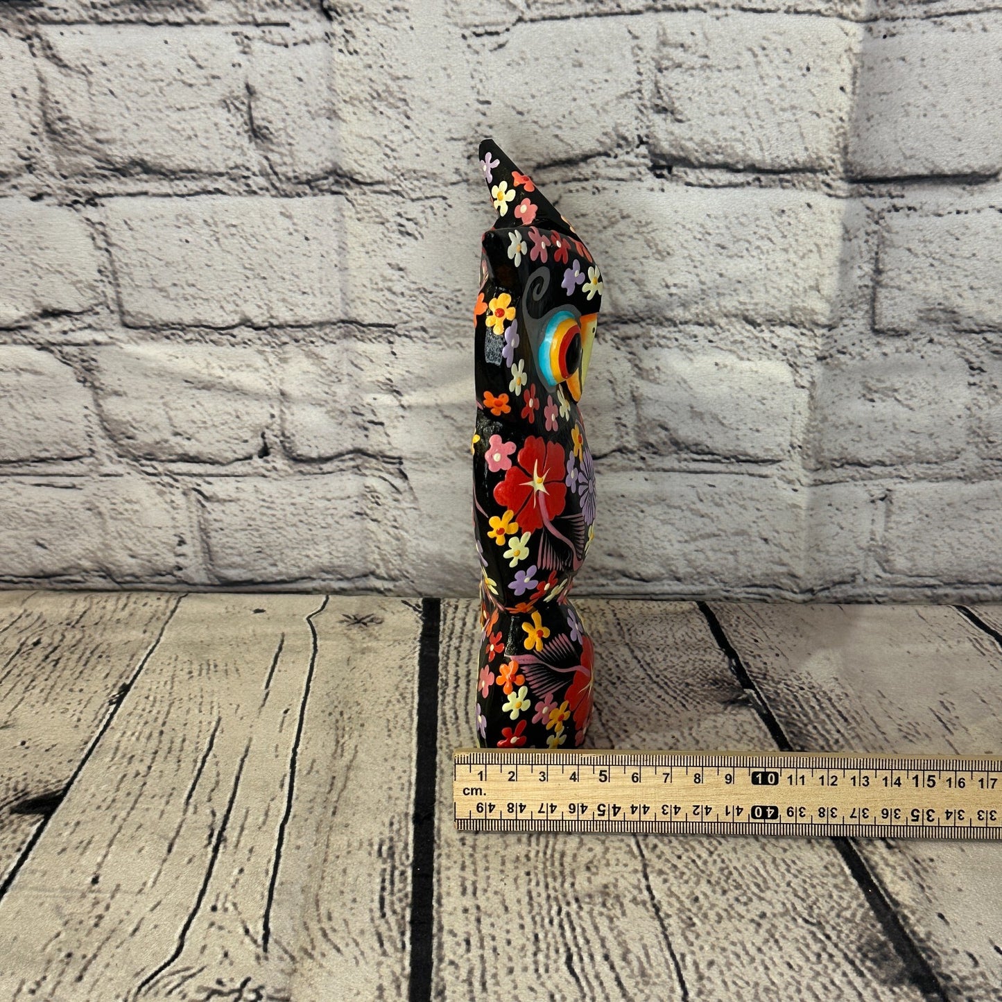 Black Large Wooden Owl With Flower Pattern 20cm x 8cm Handmade and Fairtrade7