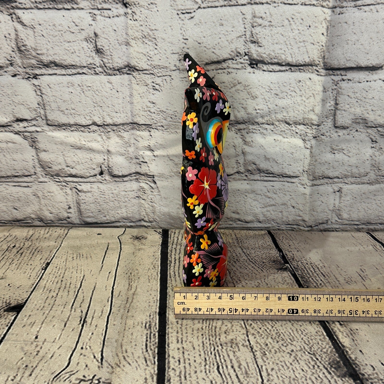 Black Large Wooden Owl With Flower Pattern 20cm x 8cm Handmade and Fairtrade7