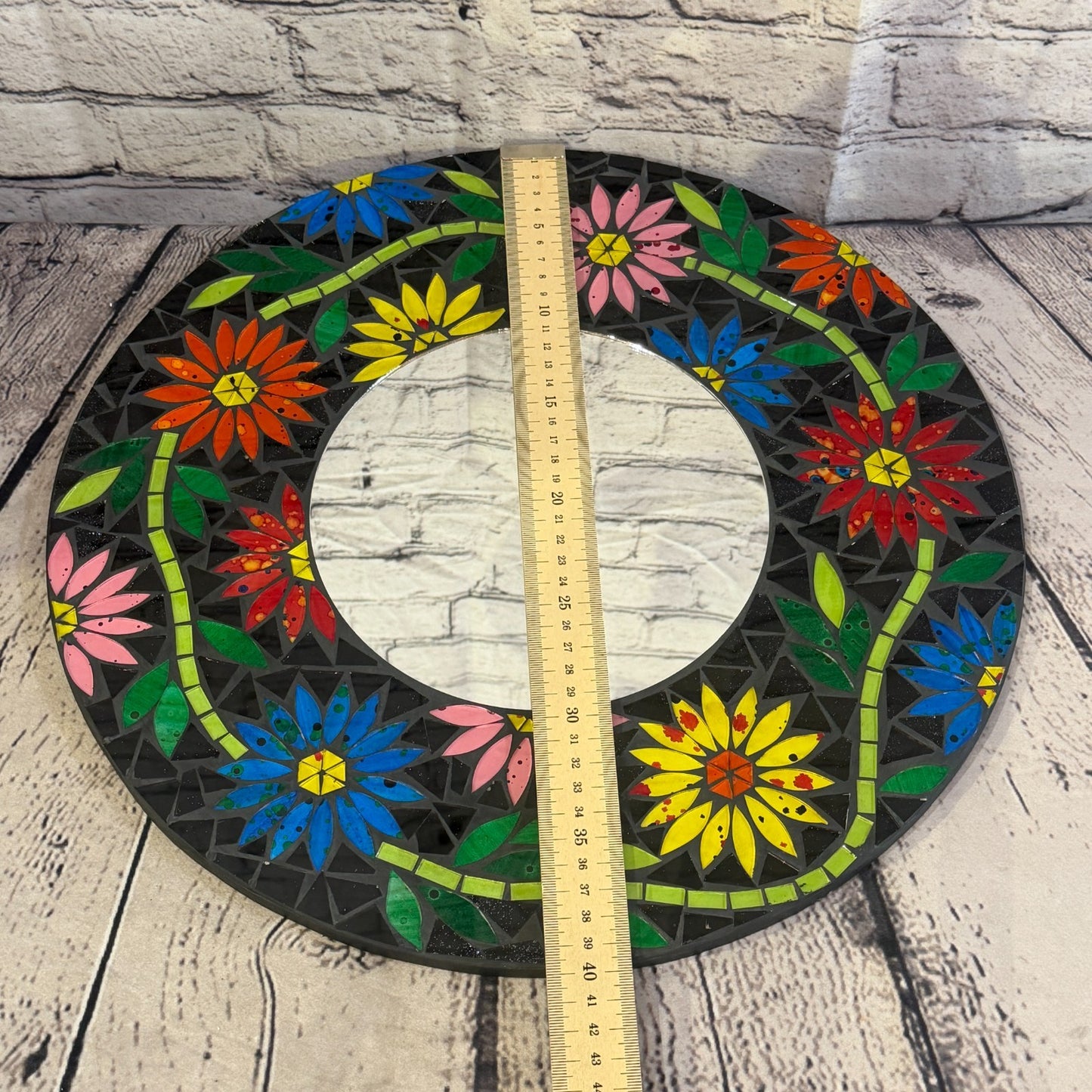 Rainbow Flower Black Mosaic Tile Wall Mirror 40cm x 40cm 16 Inches Handmade4