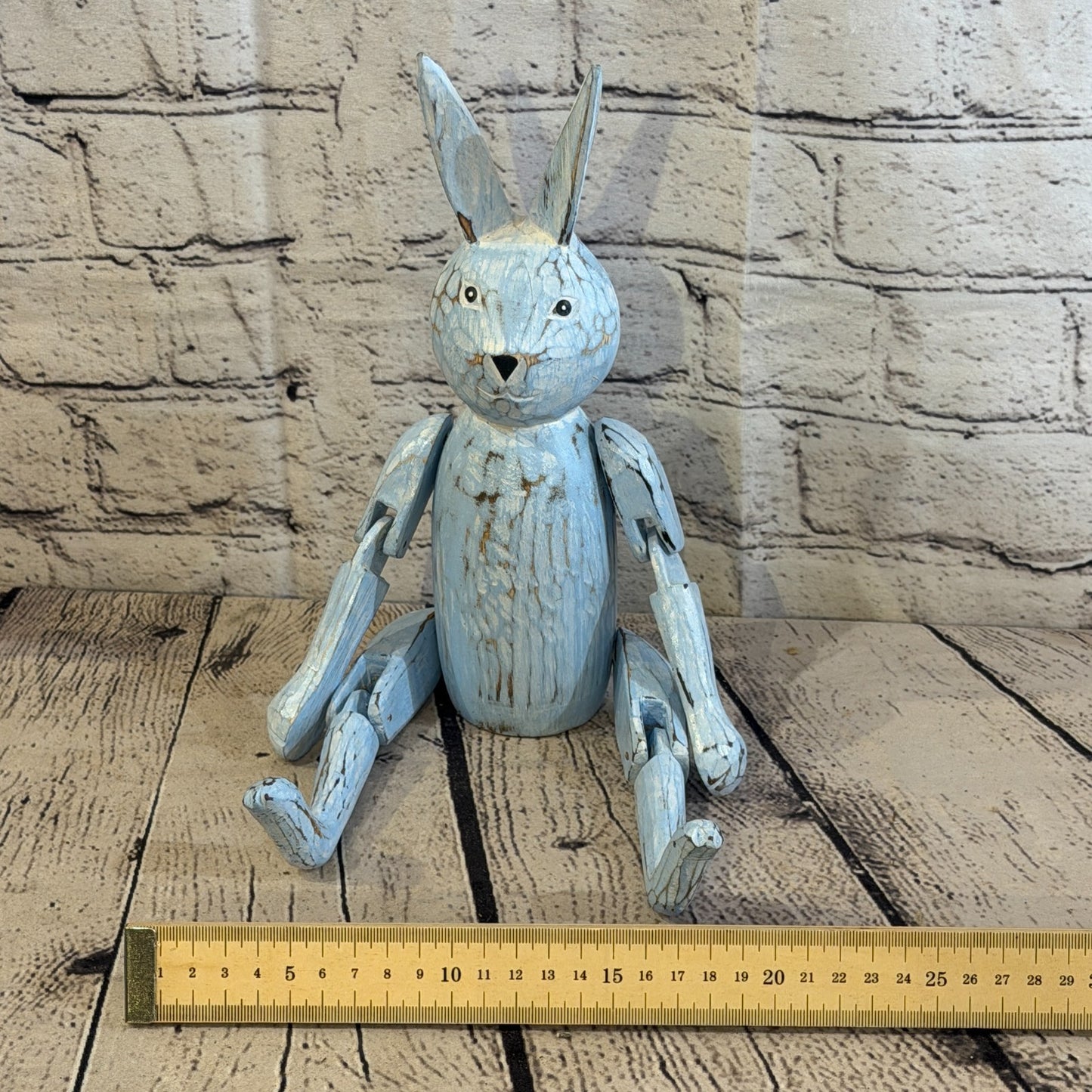 25cm Blue Bunny Rabbit Sitting Animal, Wooden Shelf Ornament Handmade Fairtrade6