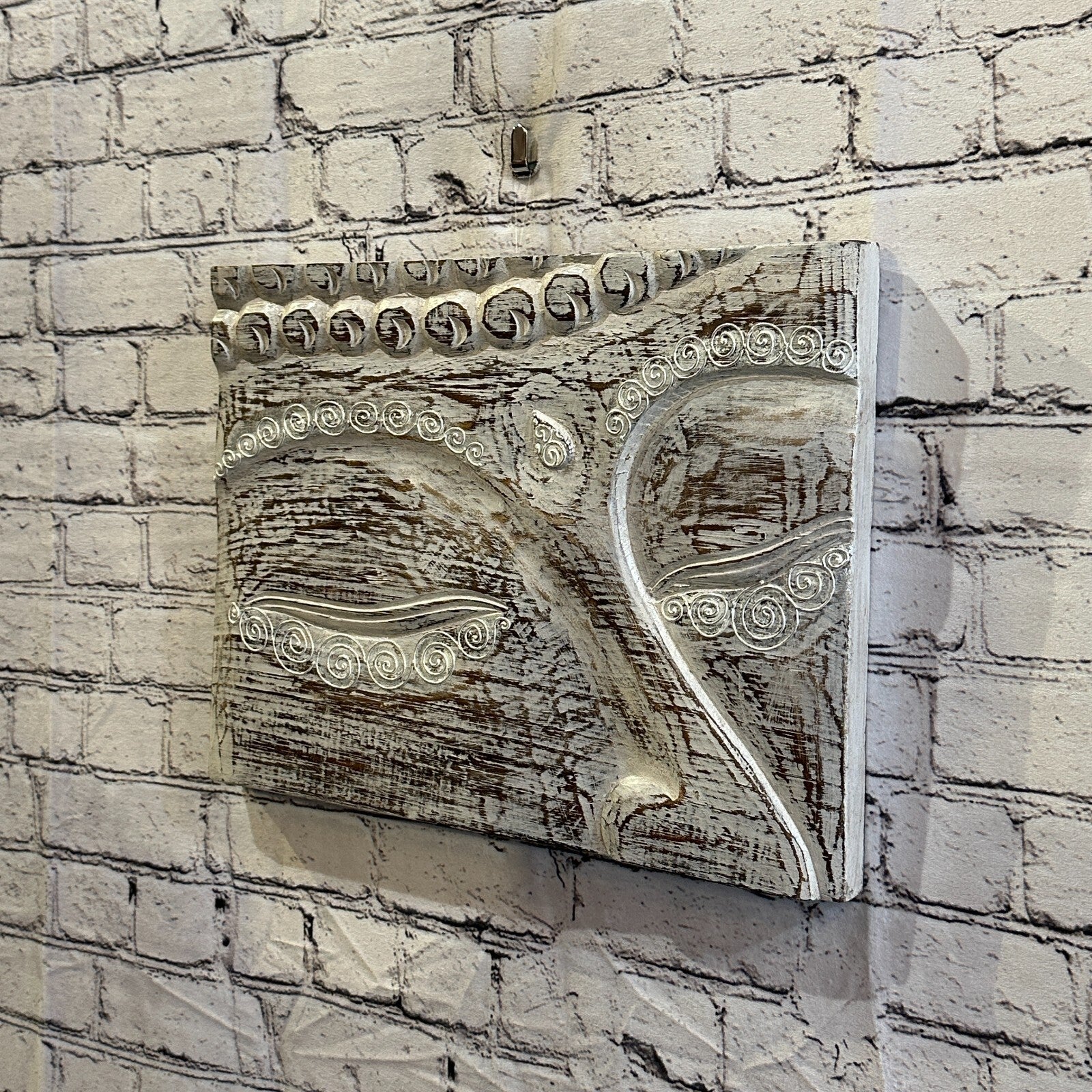 Wooden Wood Panel 40cm Brown White Buddha Eyes Lotus Wall Art Plaque Handcarved1