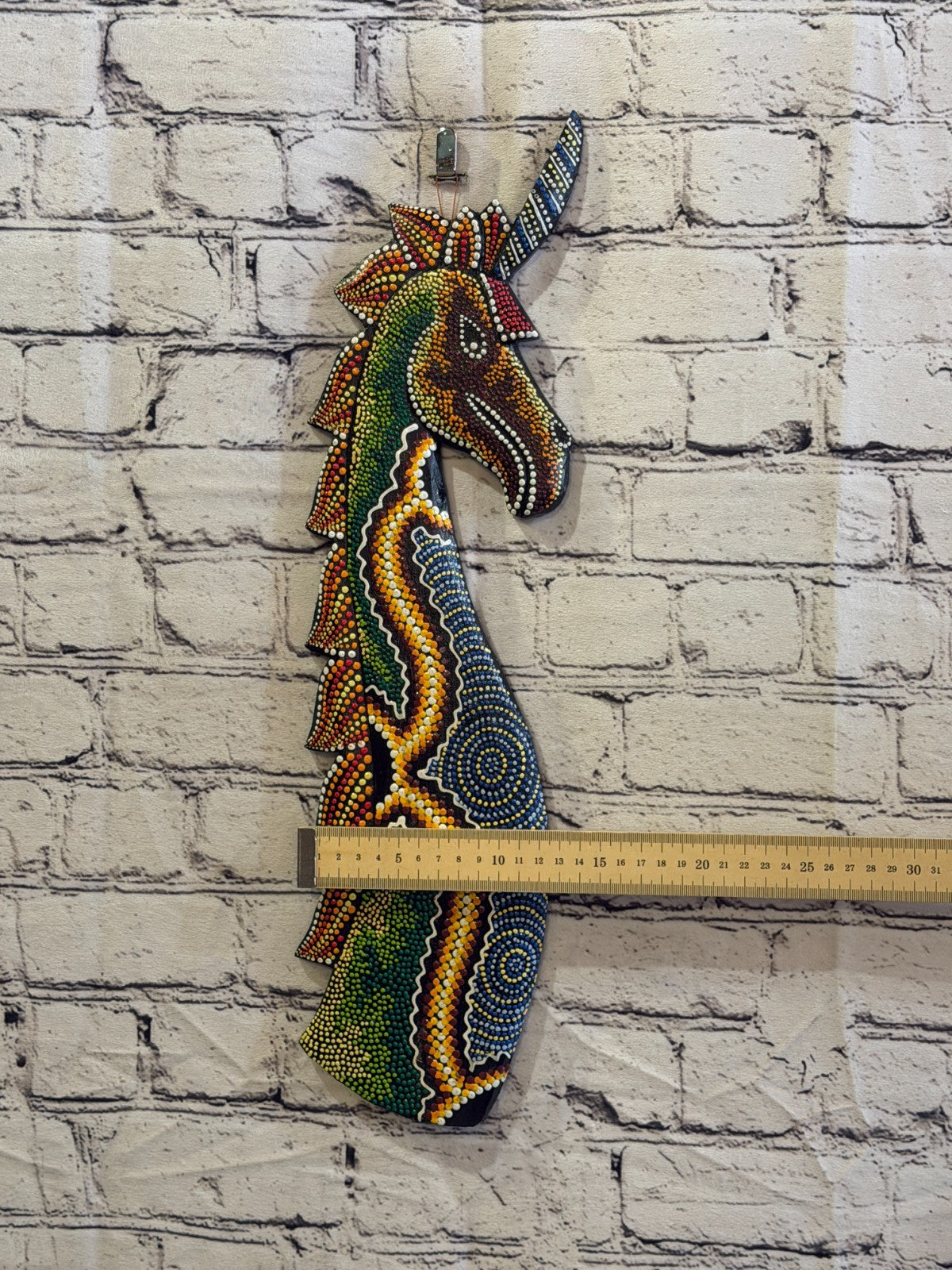45cm Unicorn Carved Wooden Dot Painted Ethnic Tribal Tiki Wall Art No 33