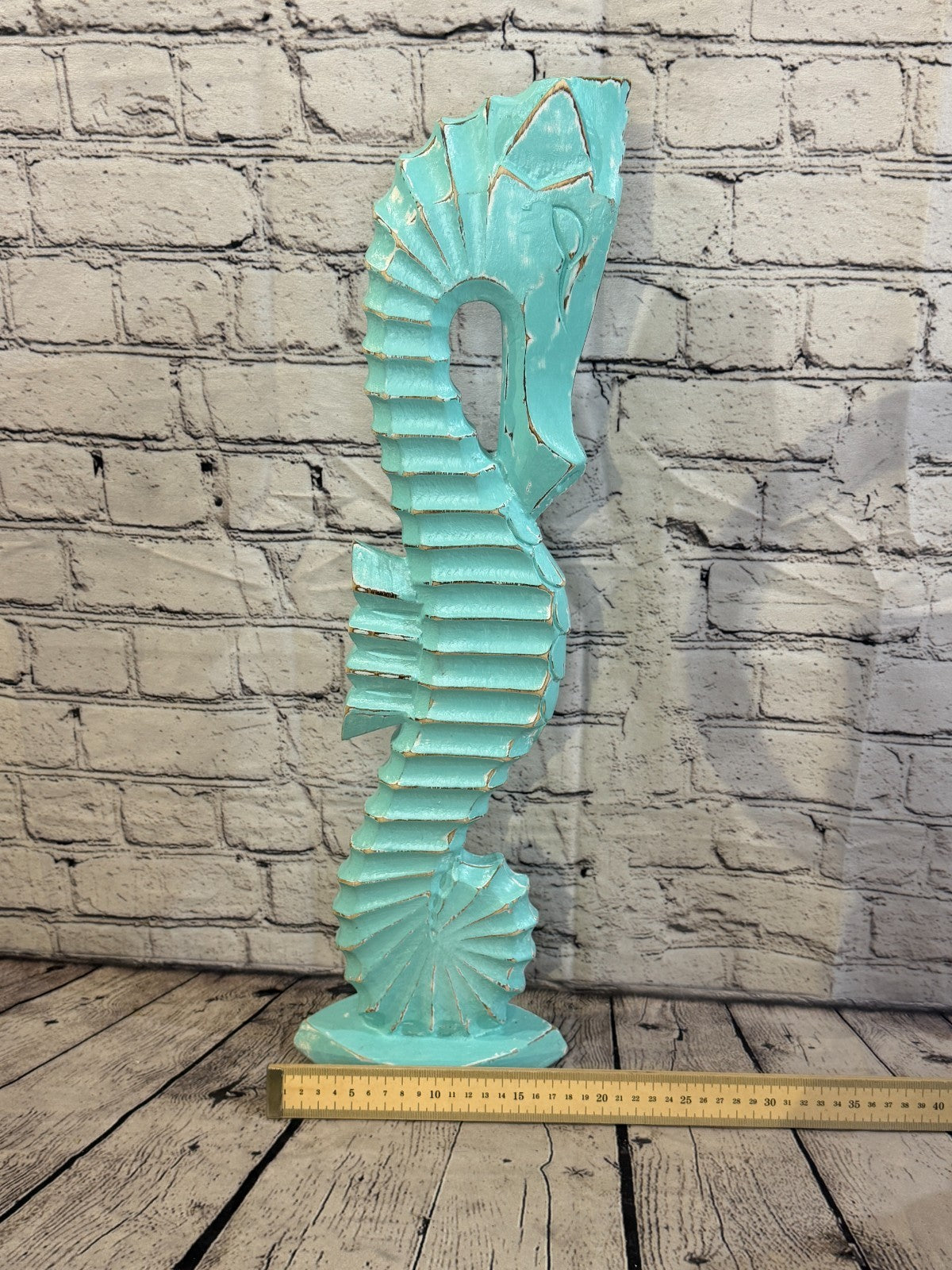 60cm Green Teal Wooden Shabby Seahorse Statue Ornament Fair Trade Handcarved6