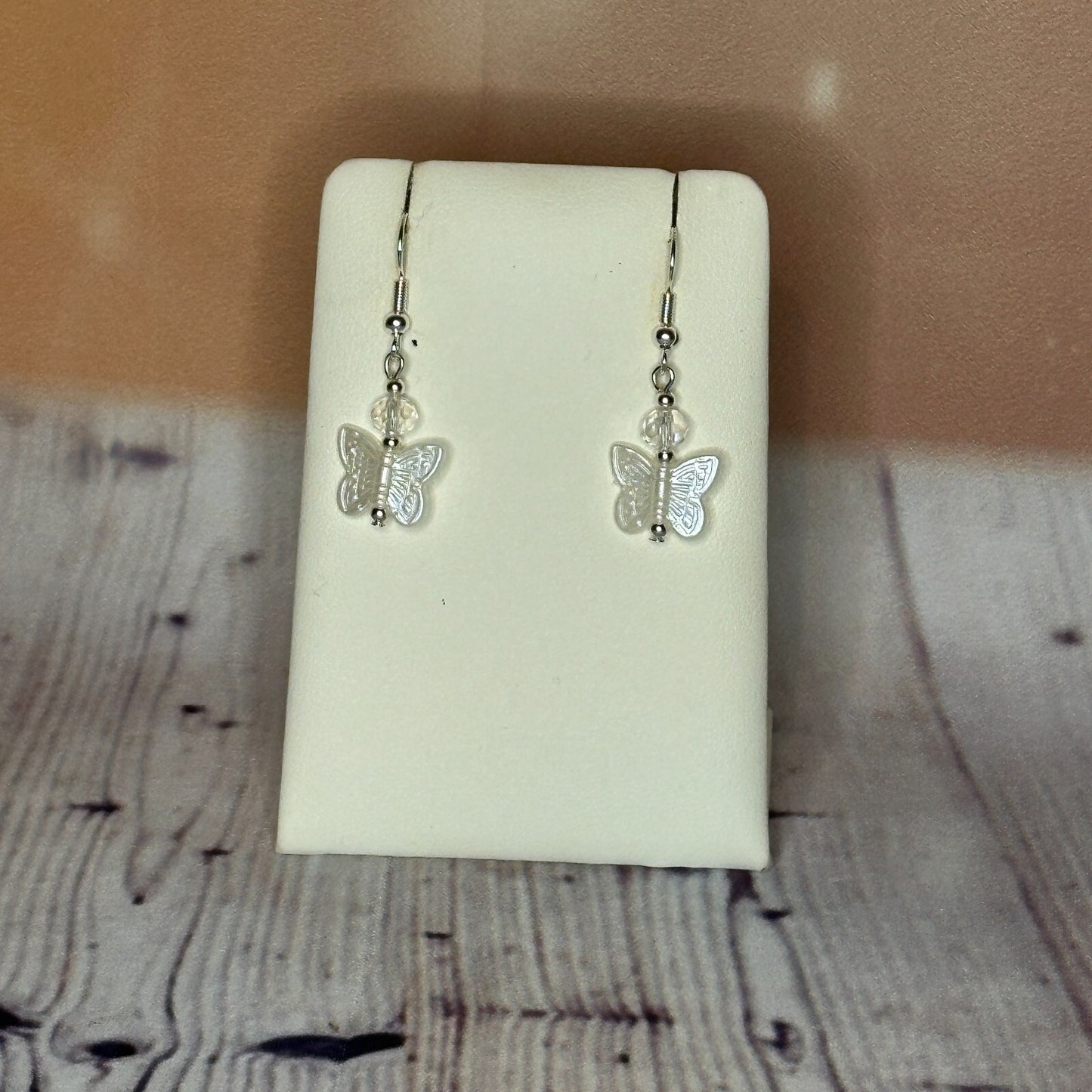 White Crystal And White Butterfly Dangle Drop Earrings Handmade UK Jewellery0