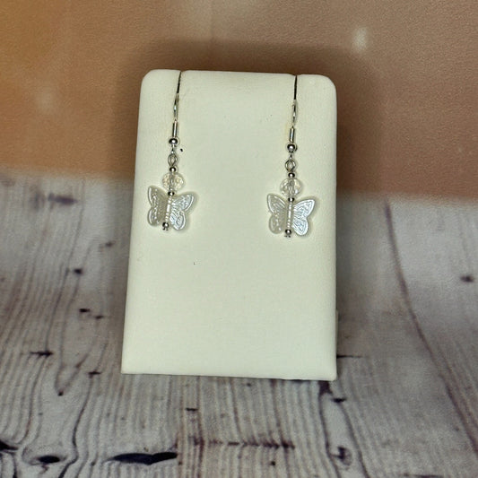 White Crystal And White Butterfly Dangle Drop Earrings Handmade UK Jewellery0