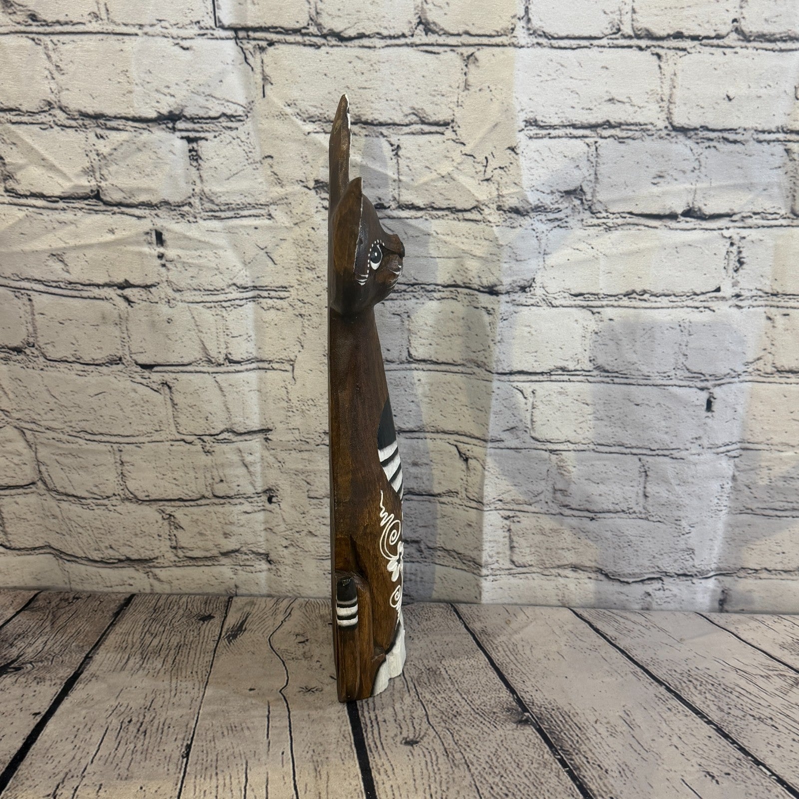 40cm Brown Flower Wooden Shabby Cat Statue Ornament Fair Trade Handcarved3