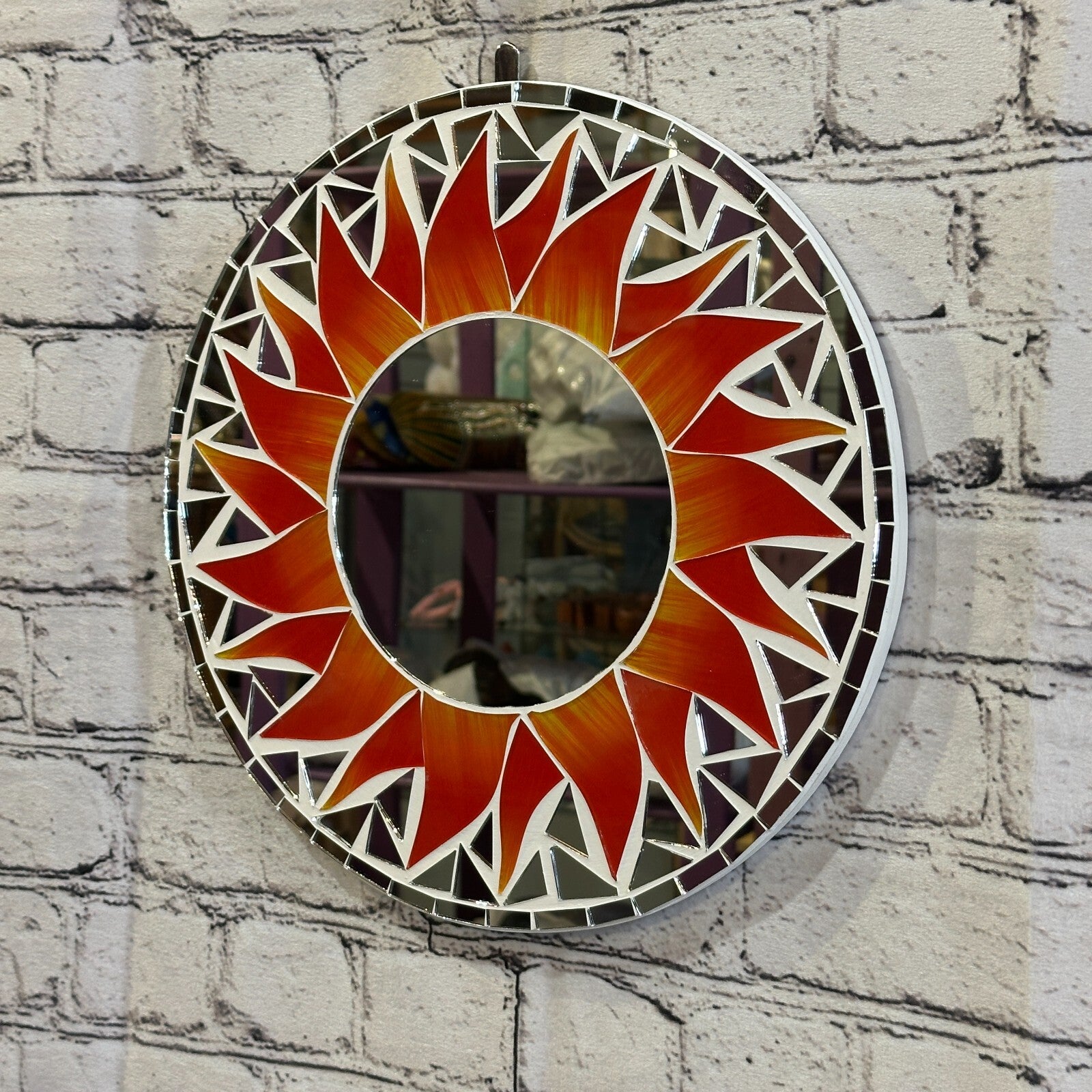 Red Flame Sun Mosaic Tile Wall Mirror 30cm x 30cm 12 Inches Handmade New1