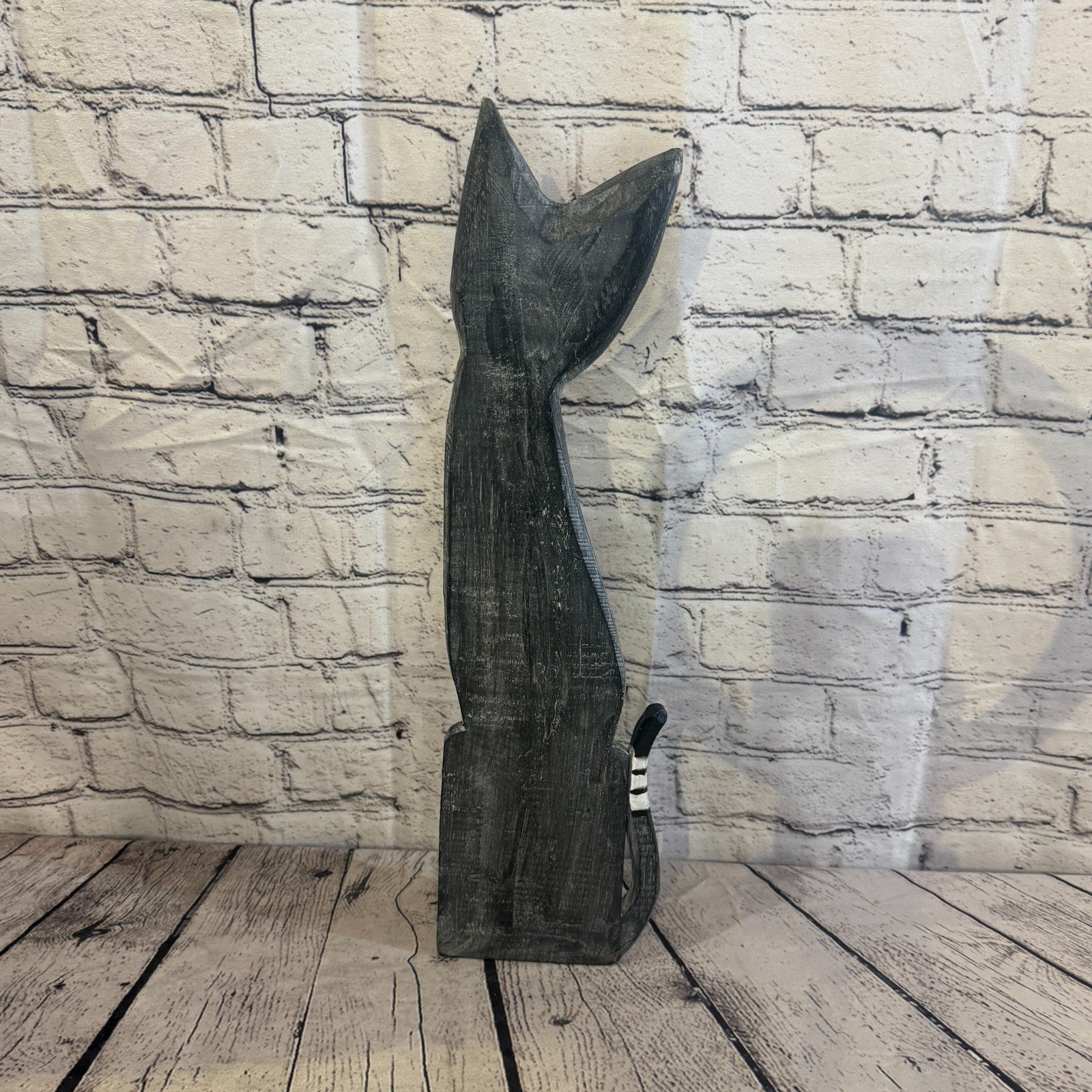 50cm Grey Flower Wooden Shabby Cat Statue Ornament Fair Trade Handcarved4