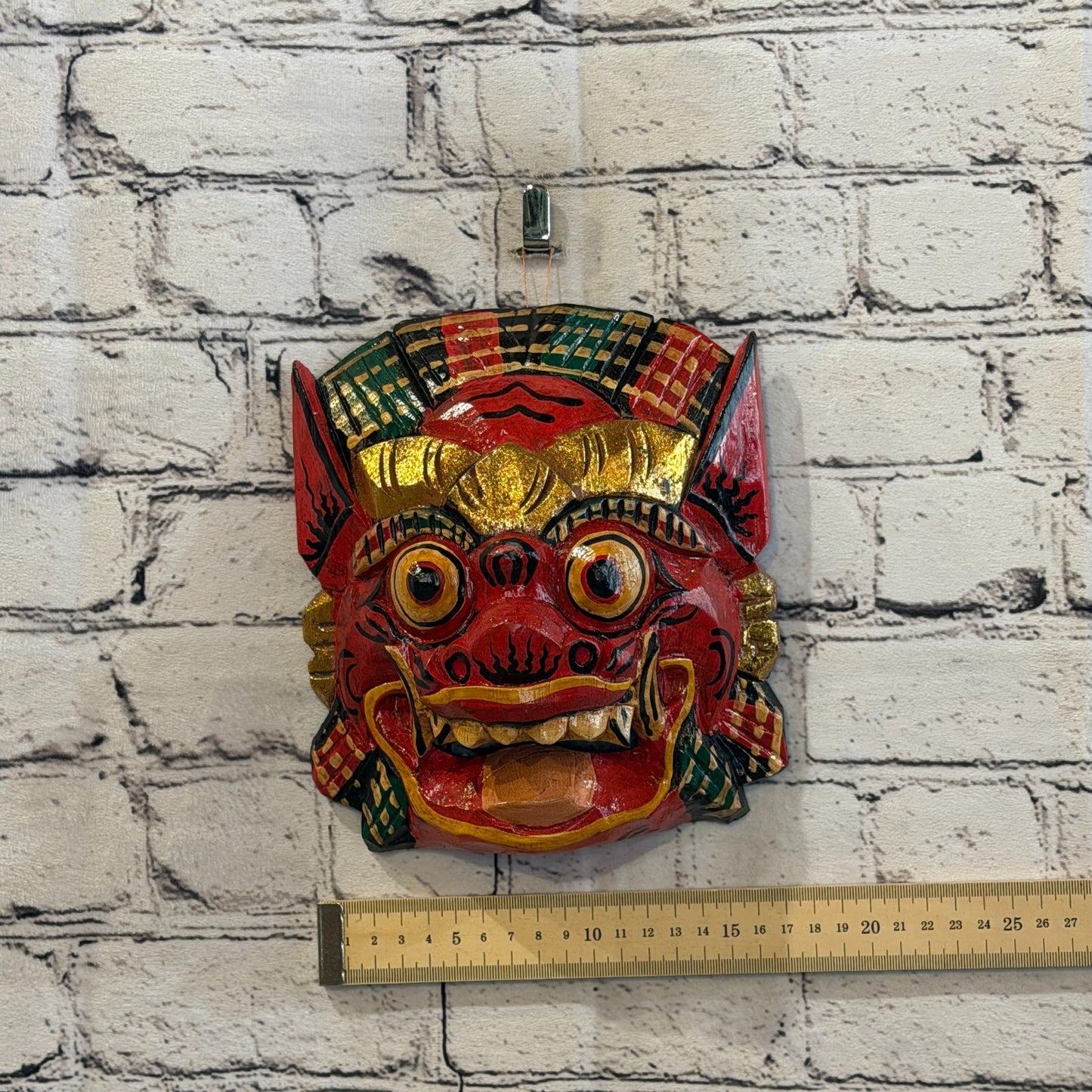 Large Wooden Red Barong Wall Mask 20cm x 20cm Handmade And Fairtrade Hindu3