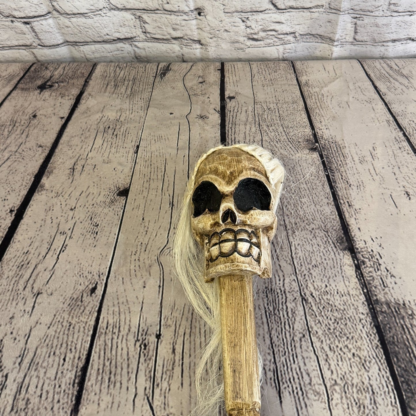 110cm Skeleton Skull With Hair Wood Stick Hand Carved Halloween Walking Staff4