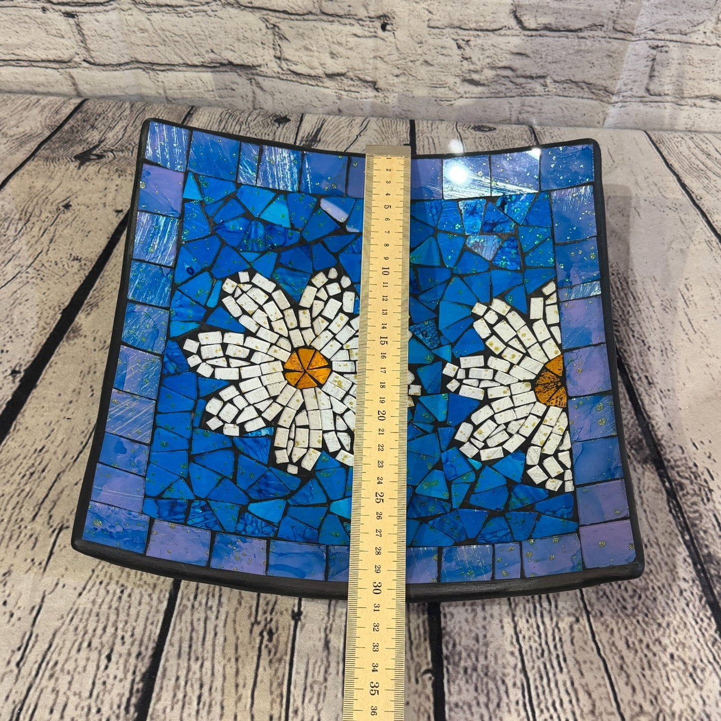 30cm Blue Daisy Flower Square Mosaic Handmade Ceramic Glass Tile Bowl Fruit2