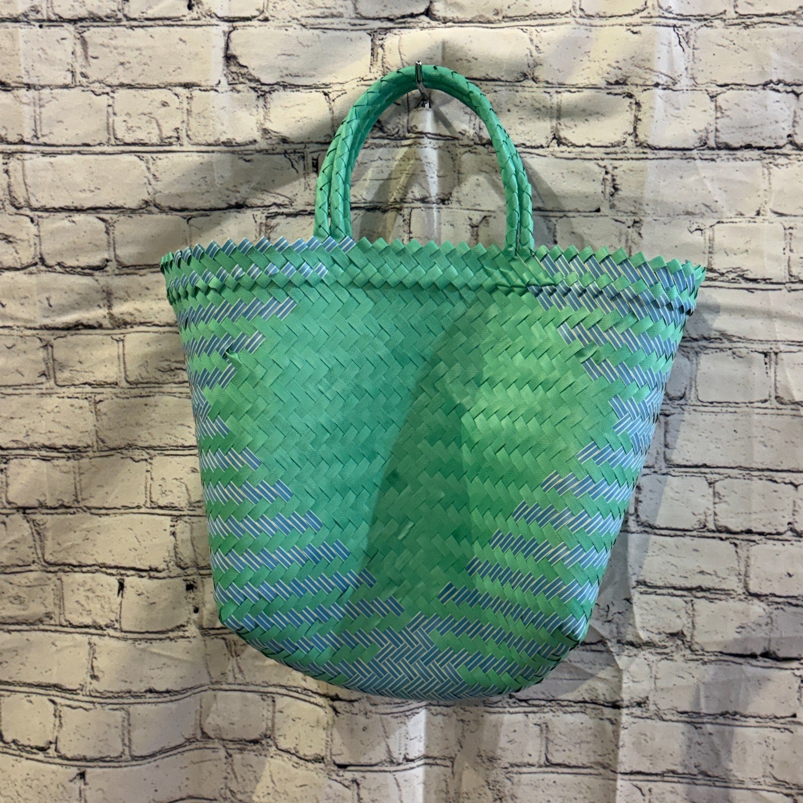 Green Blue 40cm Handwoven Tote Bag Recycled Plastic Eco-Friendly Market Beach2
