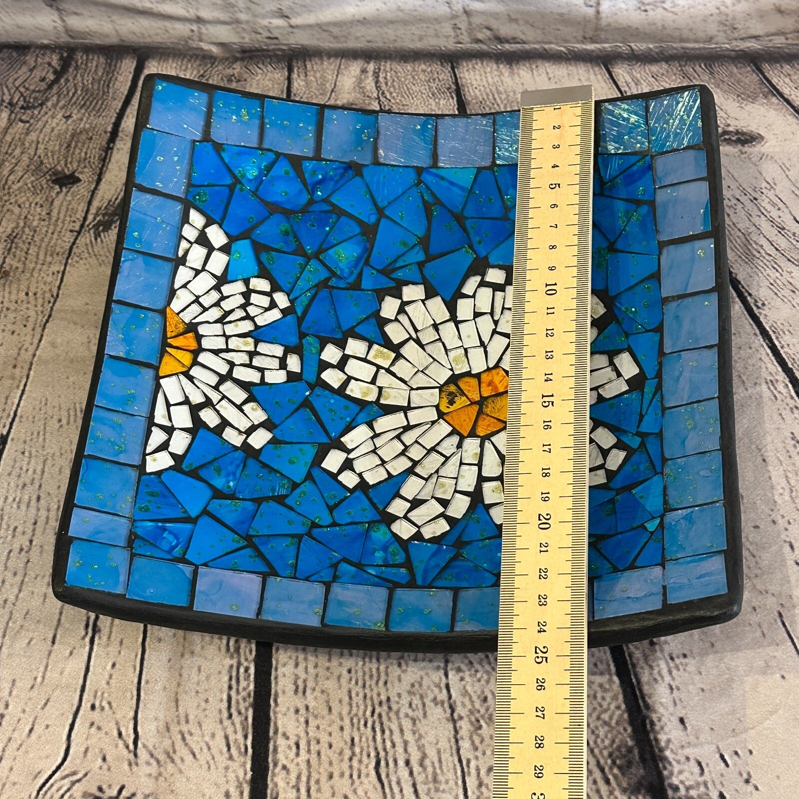 25cm Blue Daisy Flower Square Mosaic Handmade Ceramic Glass Tile Bowl Fruit2