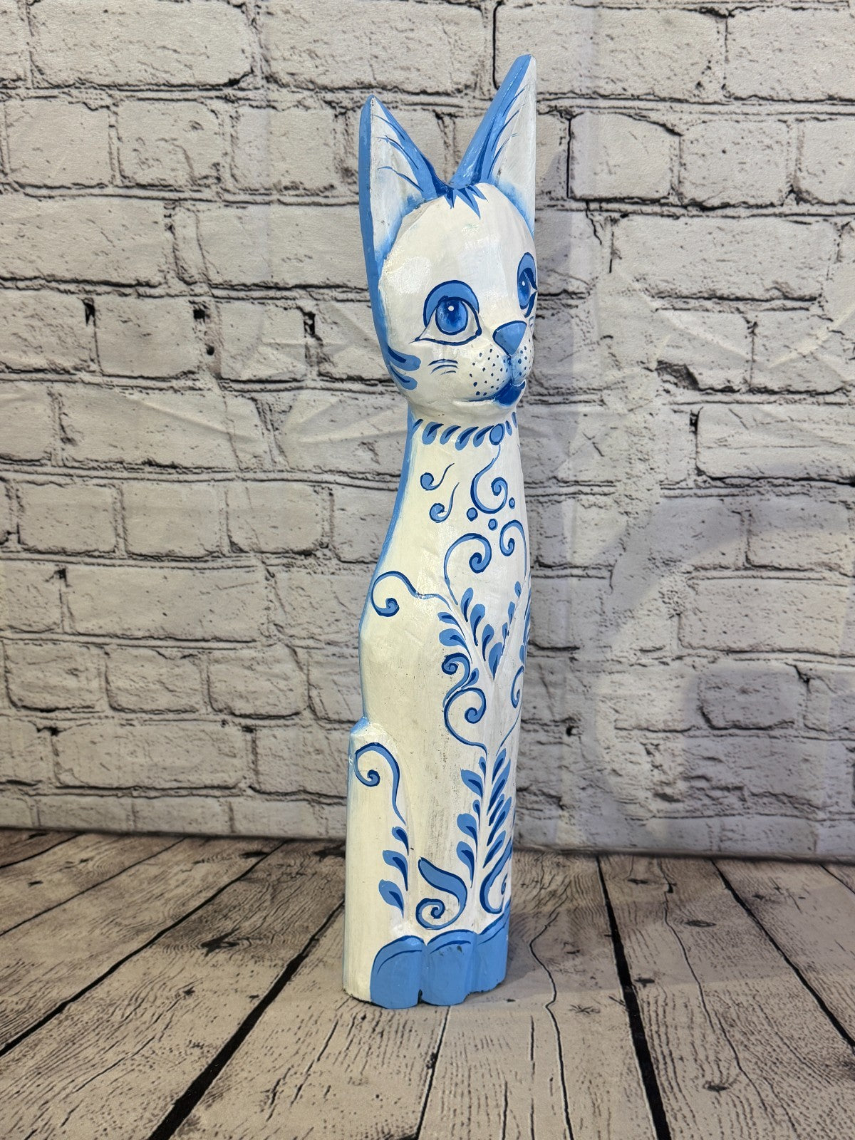 50cm Blue White Flower Wooden Shabby Cat Statue Ornament Fair Trade Handcarved2