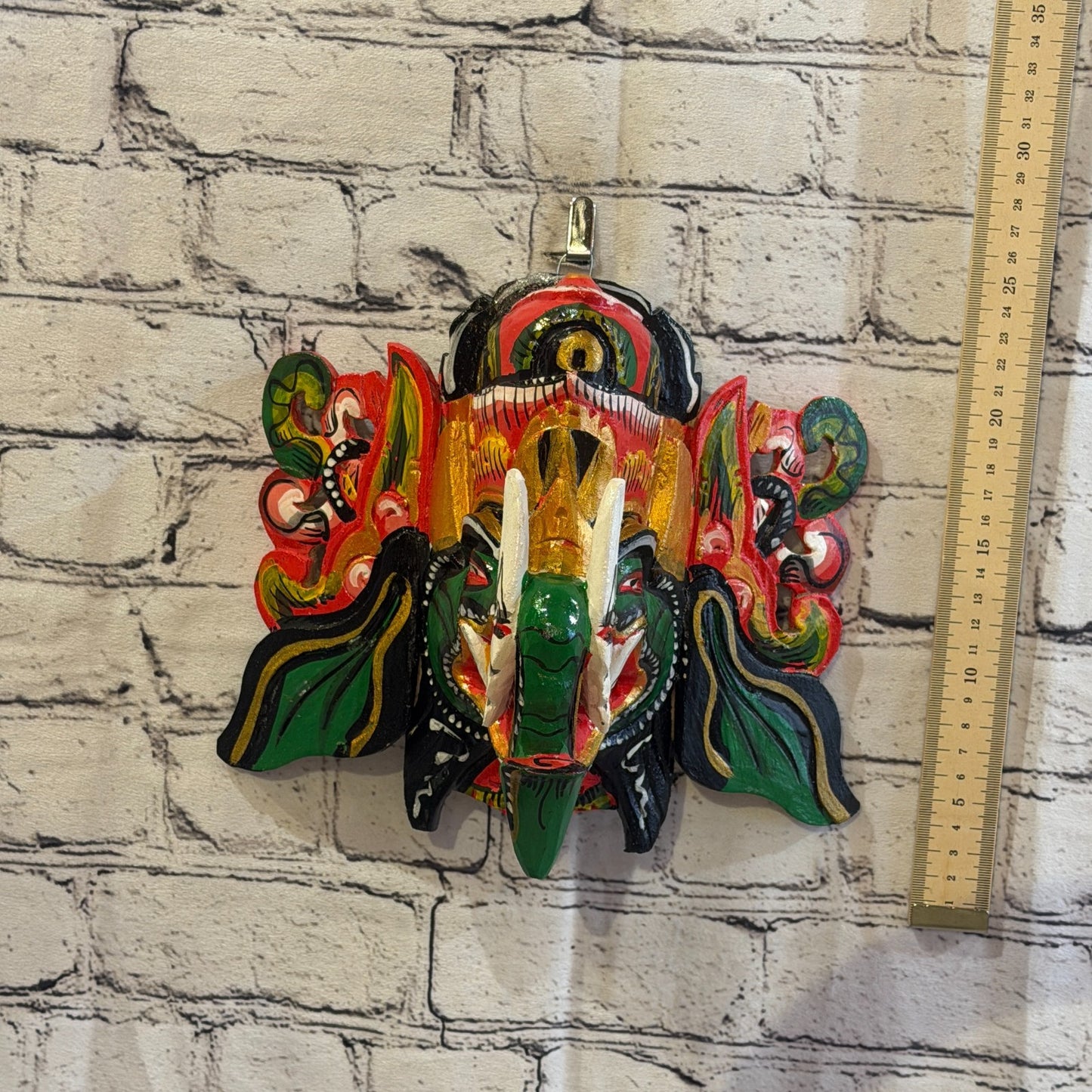 25cm Ganash Ganesha Green Elephant Hindu Deity Wooden Hand Carved Mask Painted9
