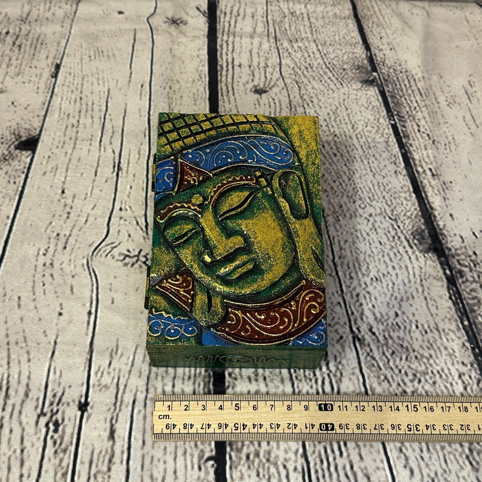 Bright Green Thai Buddha Head 10cm x 15cm x 5cm Wooden Box Trinket Handmade5