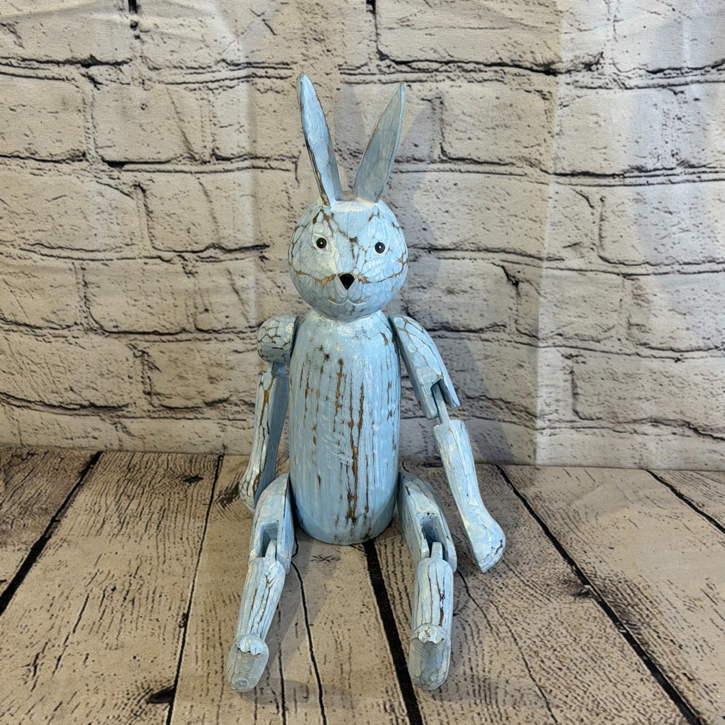 30cm Blue Bunny Rabbit Sitting Animal, Wooden Shelf Ornament Handmade Fairtrade1