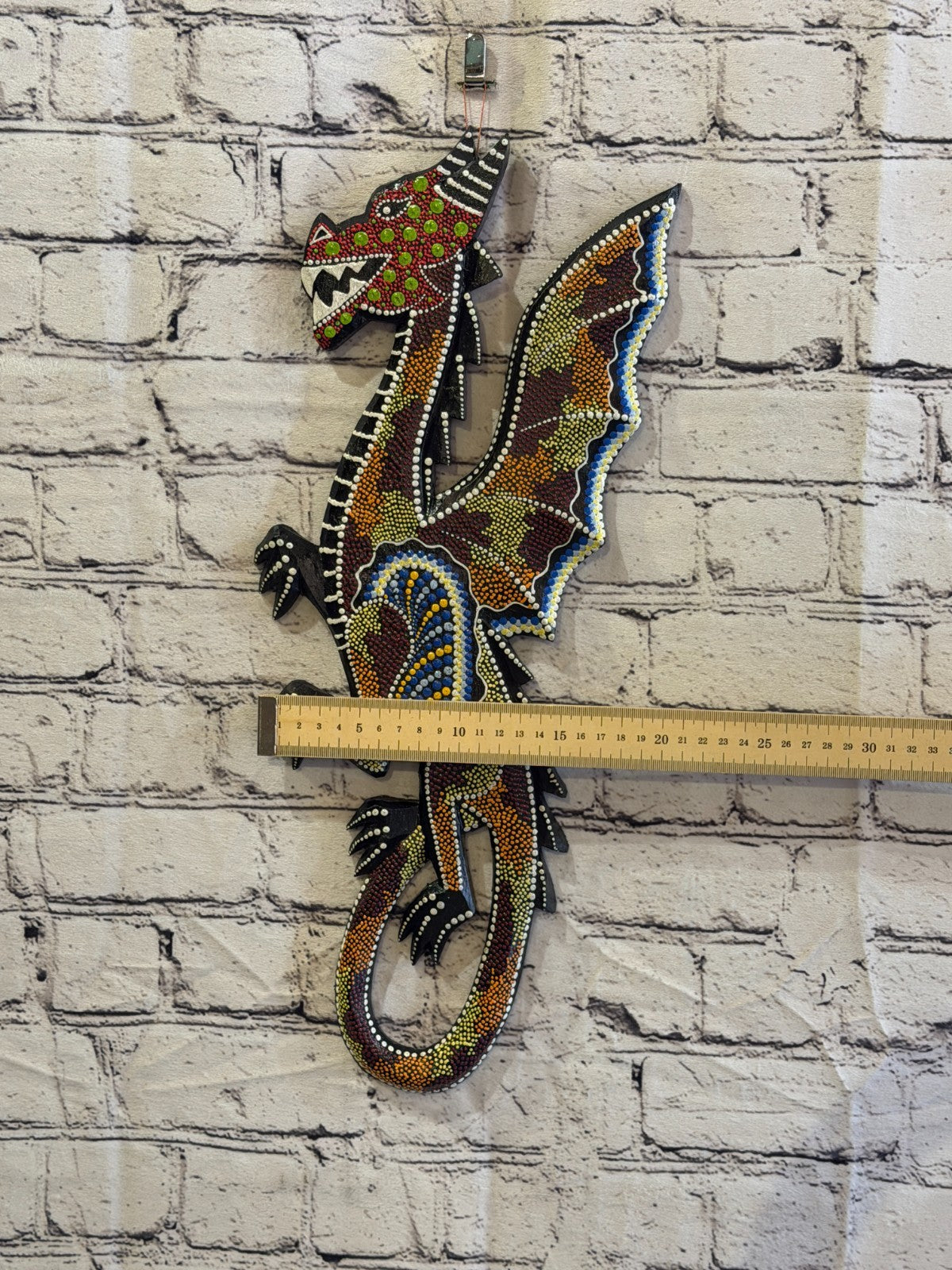 45cm Dragon Carved Wooden Dot Painted Ethnic Tribal Tiki Wall Art No 13