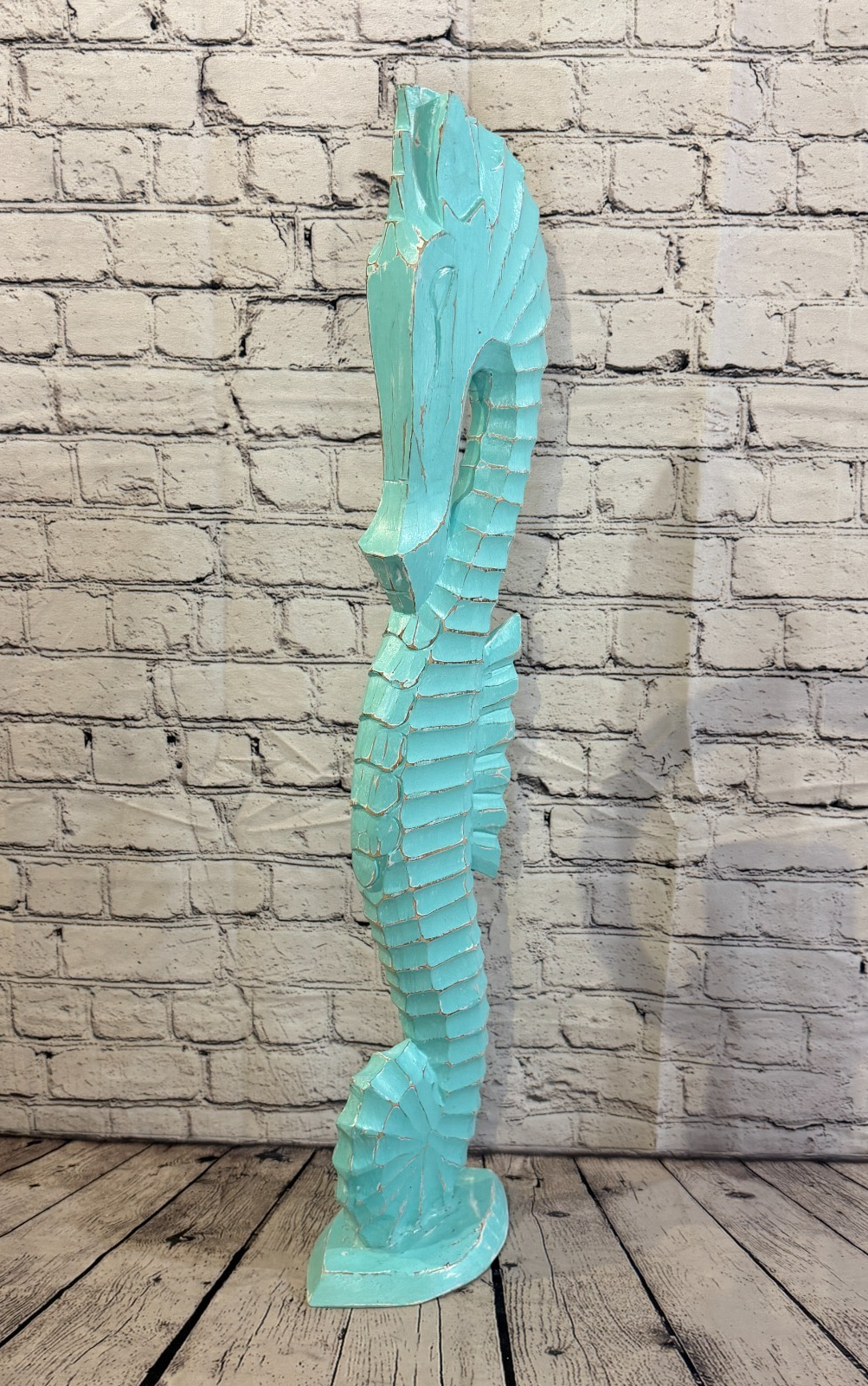 80cm Green Teal Wooden Shabby Seahorse Statue Ornament Fair Trade Handcarved0