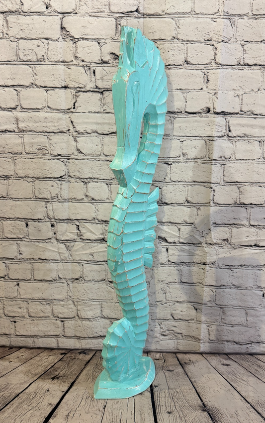 80cm Green Teal Wooden Shabby Seahorse Statue Ornament Fair Trade Handcarved0