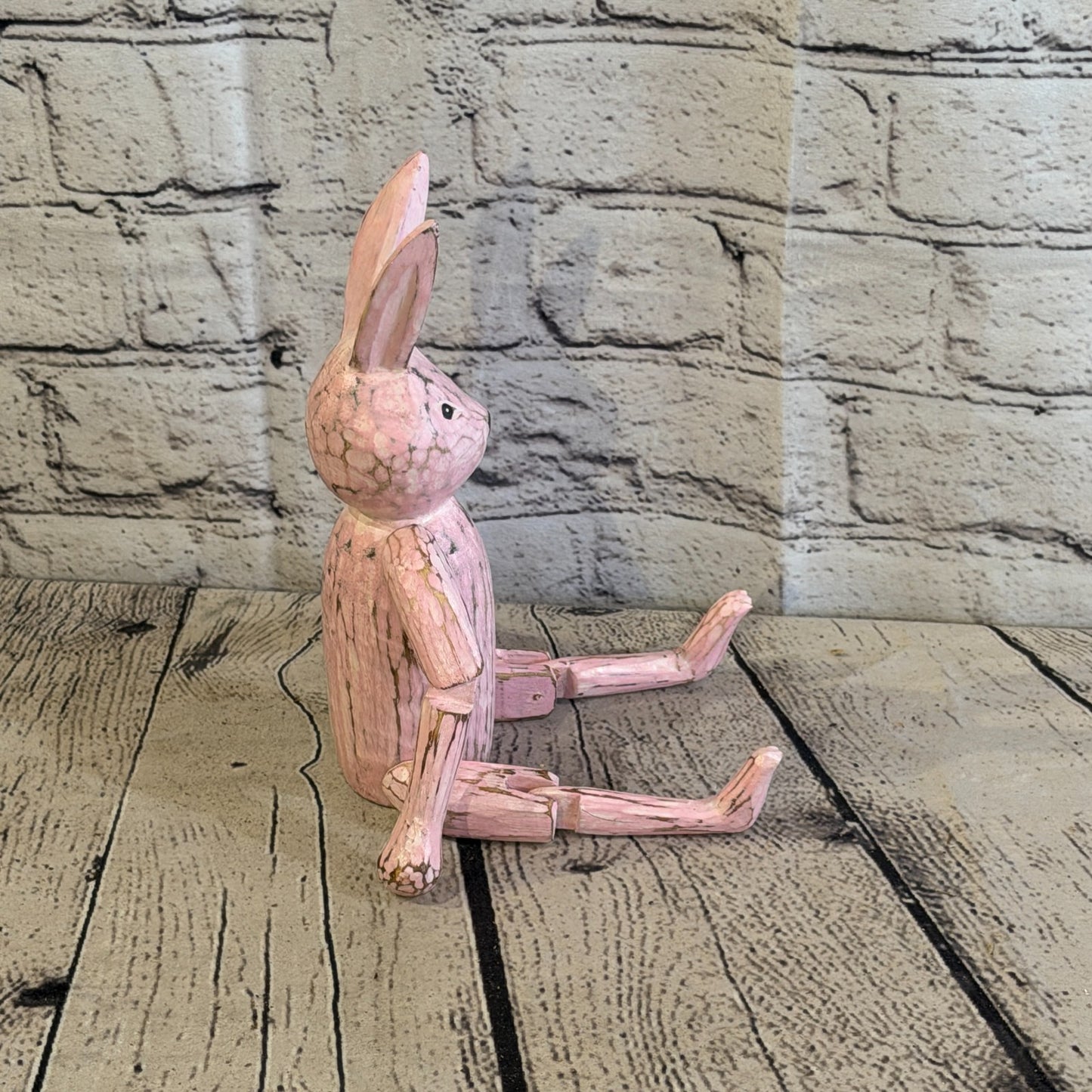 20cm Pink Bunny Rabbit Sitting Animal, Wooden Shelf Ornament Handmade Fairtrade3