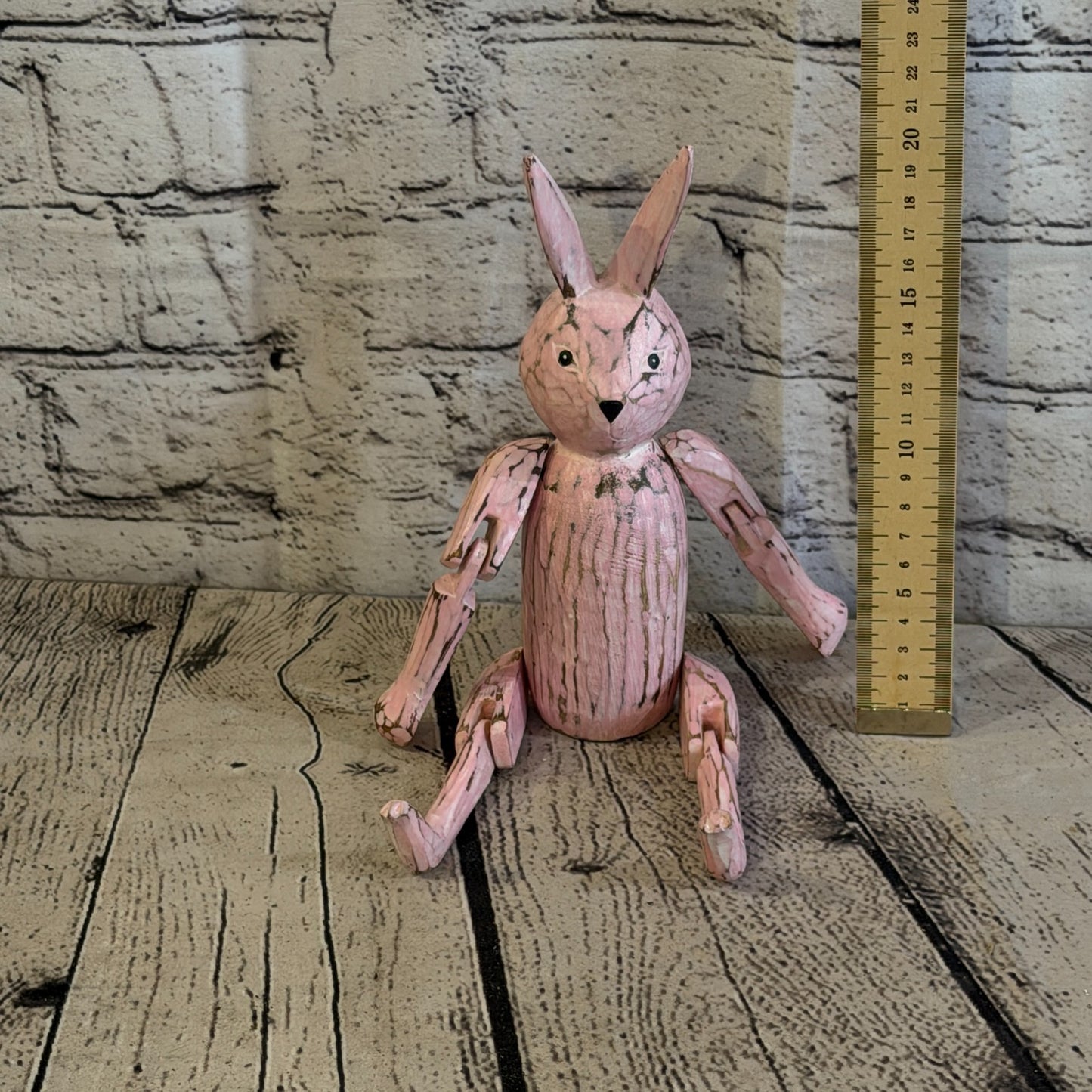 20cm Pink Bunny Rabbit Sitting Animal, Wooden Shelf Ornament Handmade Fairtrade5