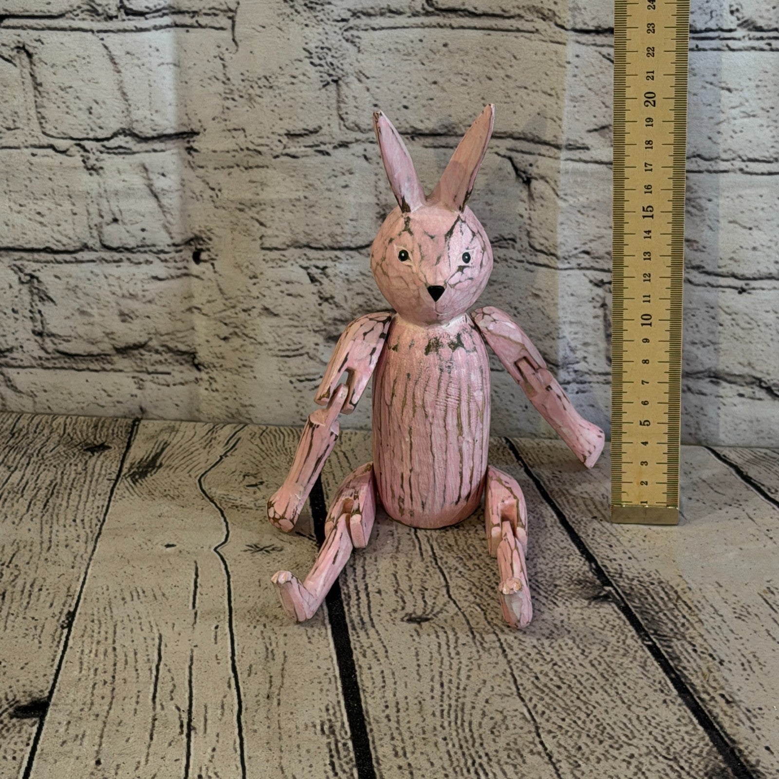 20cm Pink Bunny Rabbit Sitting Animal, Wooden Shelf Ornament Handmade Fairtrade5