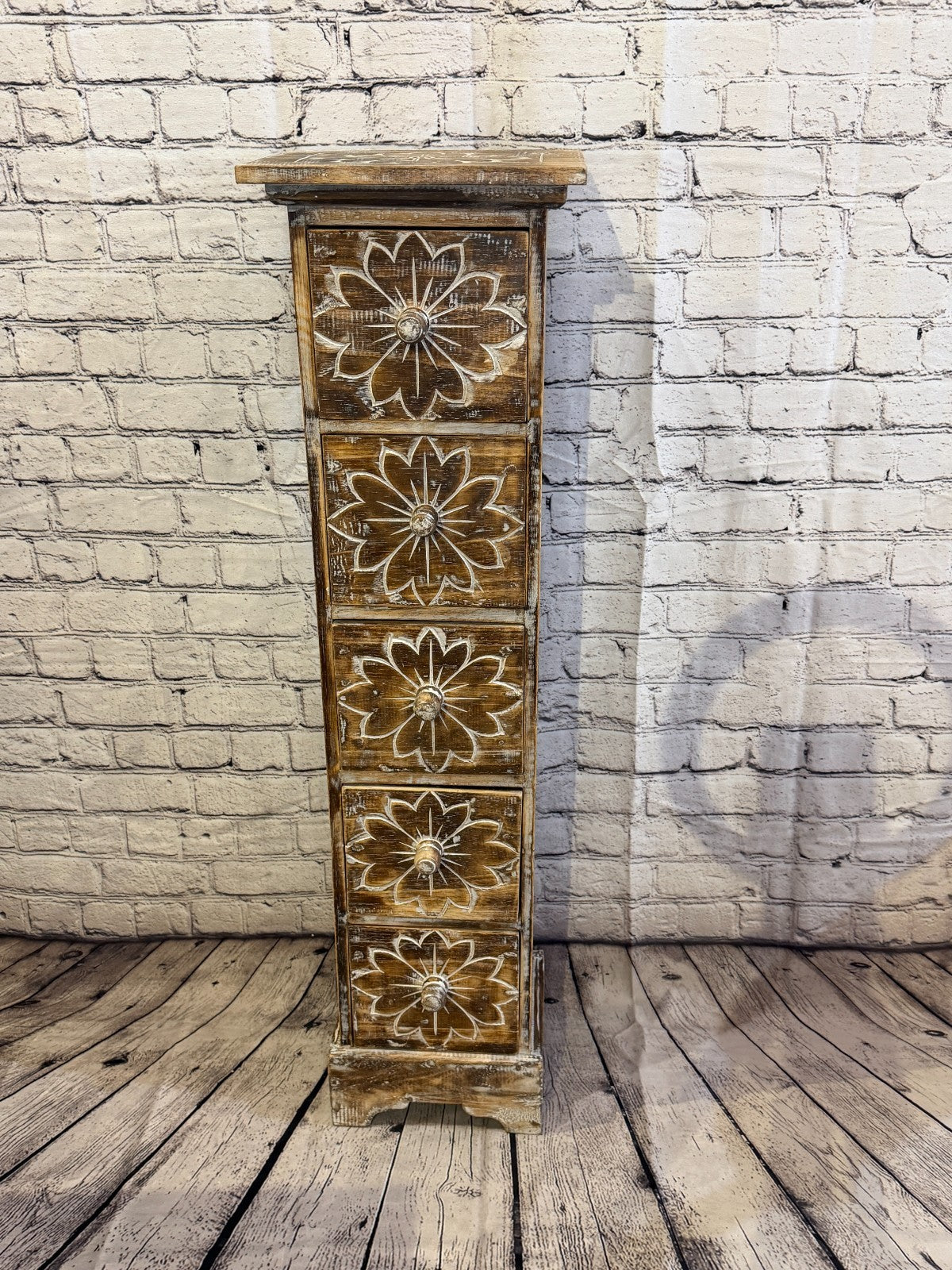 100cm x 25cm Brown 5 Draw Pillar Wooden Side Cabinet Living Storage Furniture1