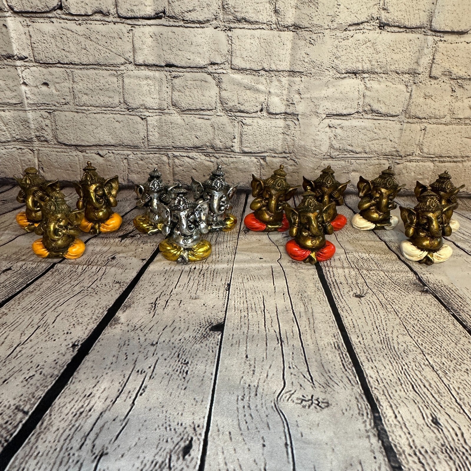Silver Gold 10cm Set Of 3 Wise Ganesh Ganesa Sitting On Seat Statue Resin Hindu9