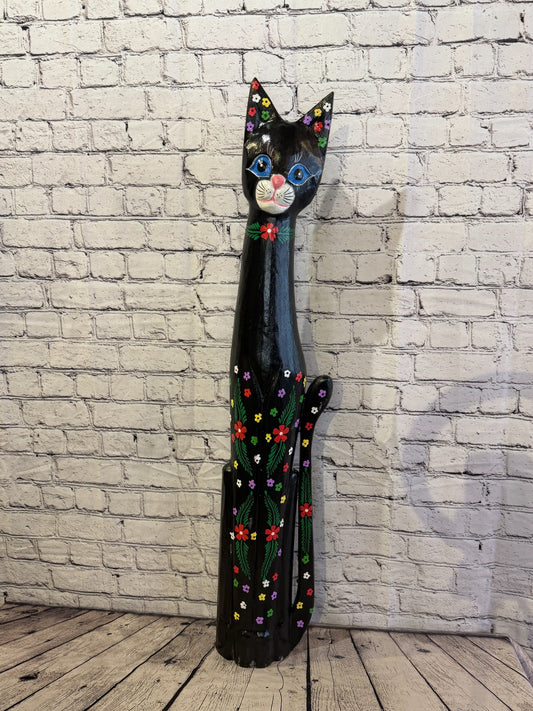 100cm Black Mix Flower Wooden Shabby Cat Statue Ornament Fair Trade Handcarved0