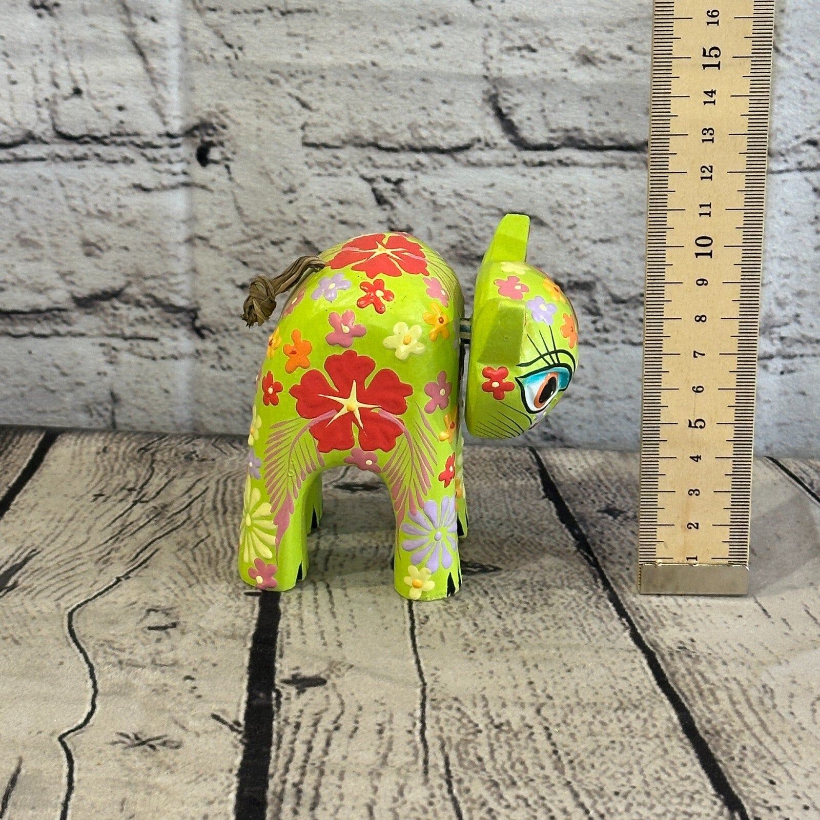 Green Small Wooden Cat With Flower Pattern 10cm x 8cm Handmade and Fairtrade6