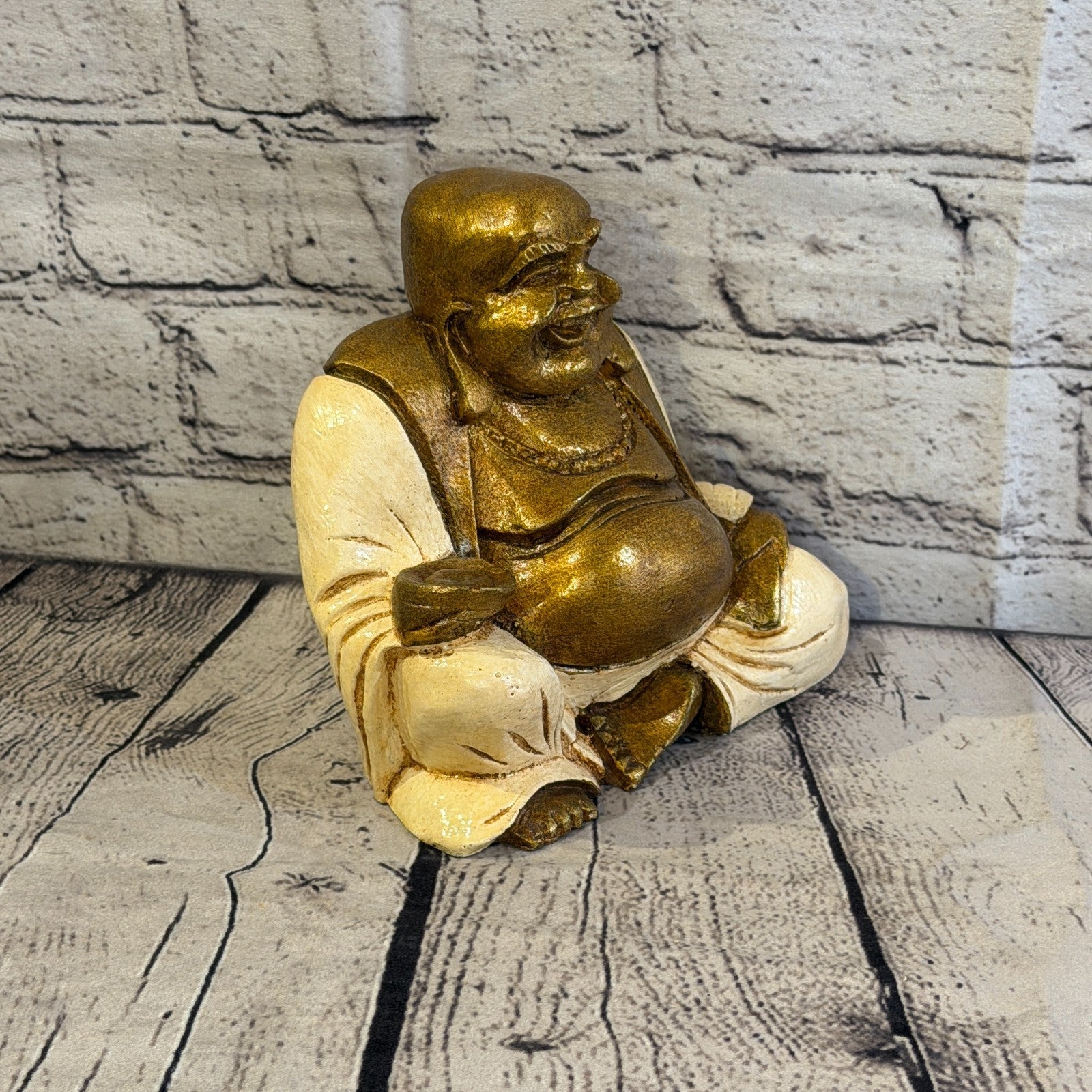 Cream & Bronze 15cm x 15cm Large Chinese Buddha Sitting On Lotus Statue Resin2