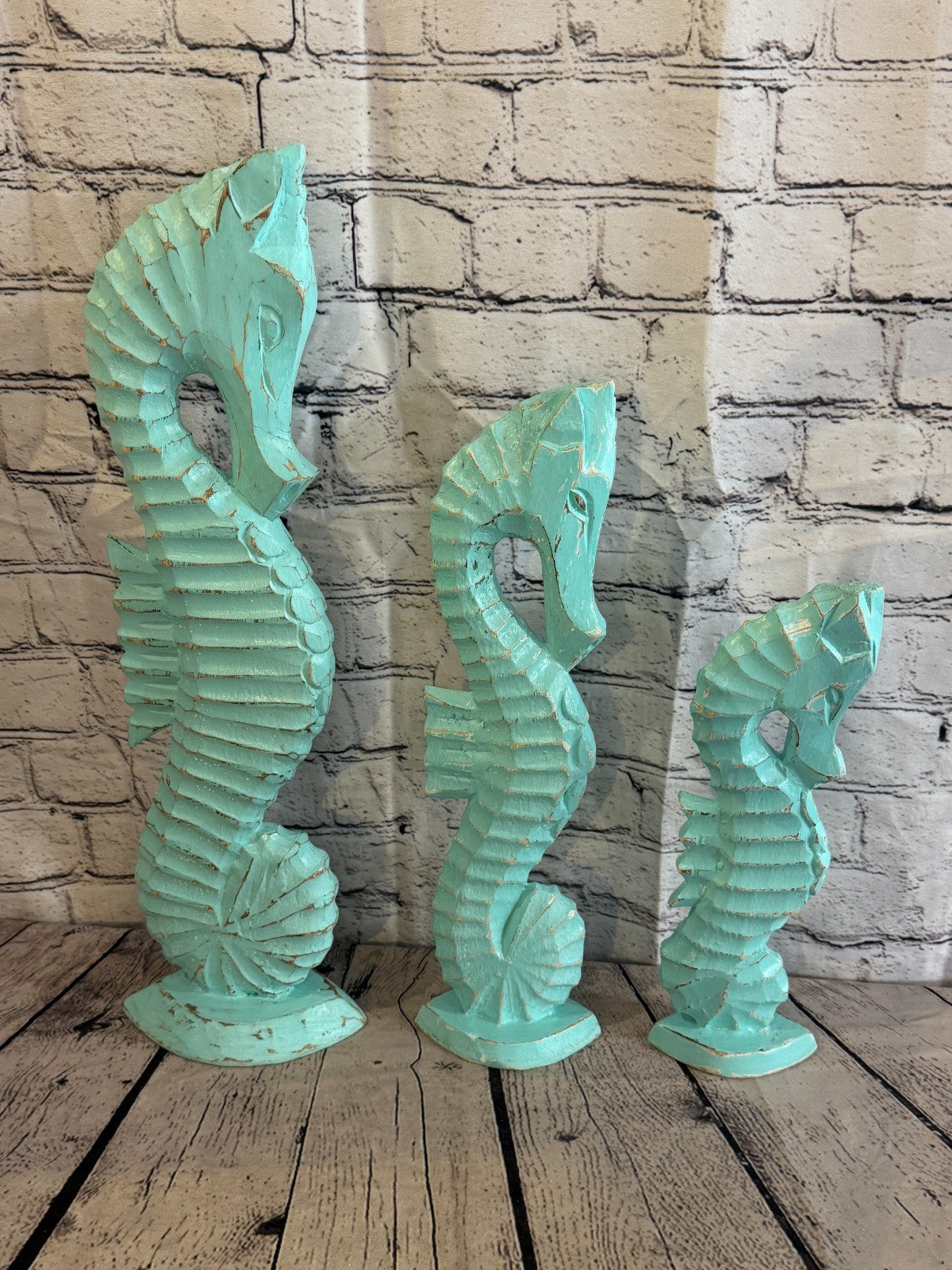 40cm Green Teal Wooden Shabby Seahorse Statue Ornament Fair Trade Handcarved8