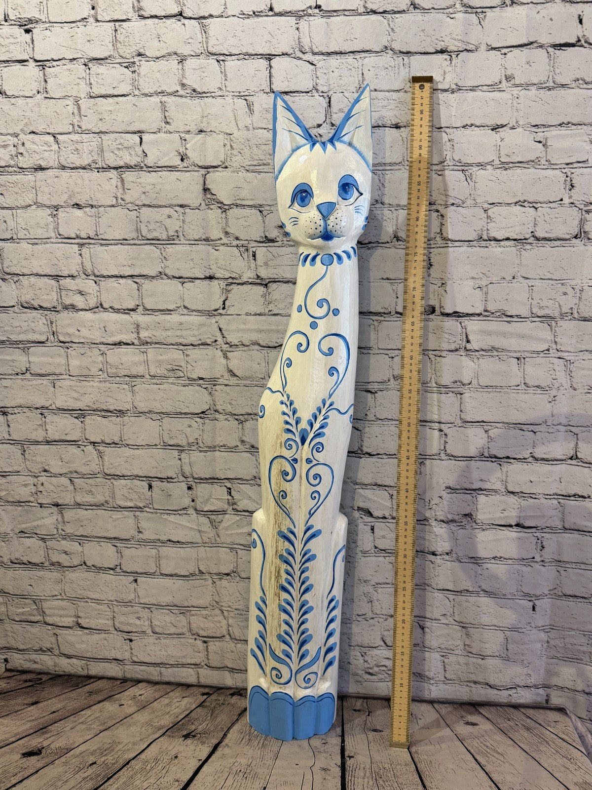 100cm Blue White Flower Wooden Shabby Cat Statue Ornament Fair Trade Handcarved5