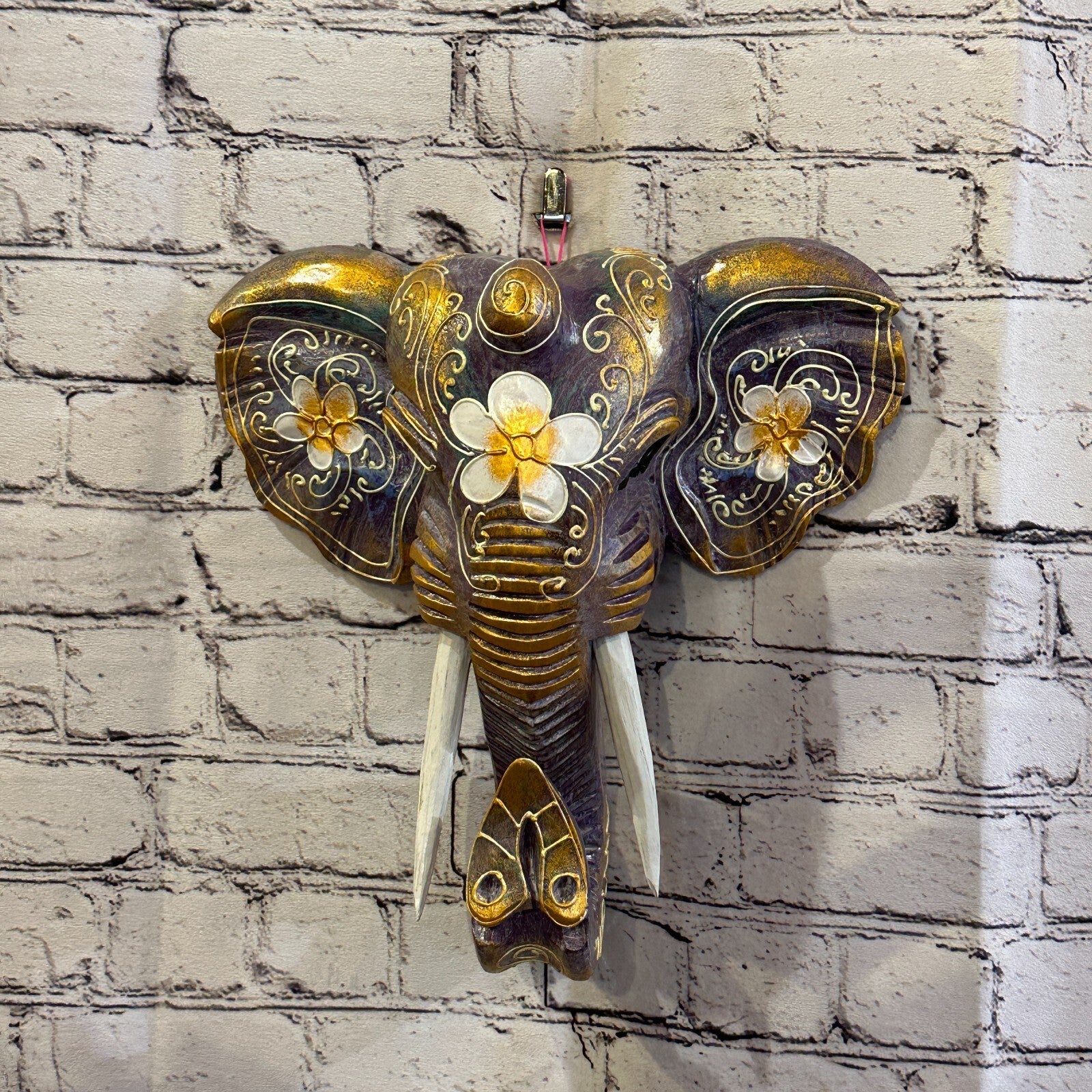 30cm x 30cm Purple Flower Painted Wood Elephant Head Wall Mounted Art Shabby2