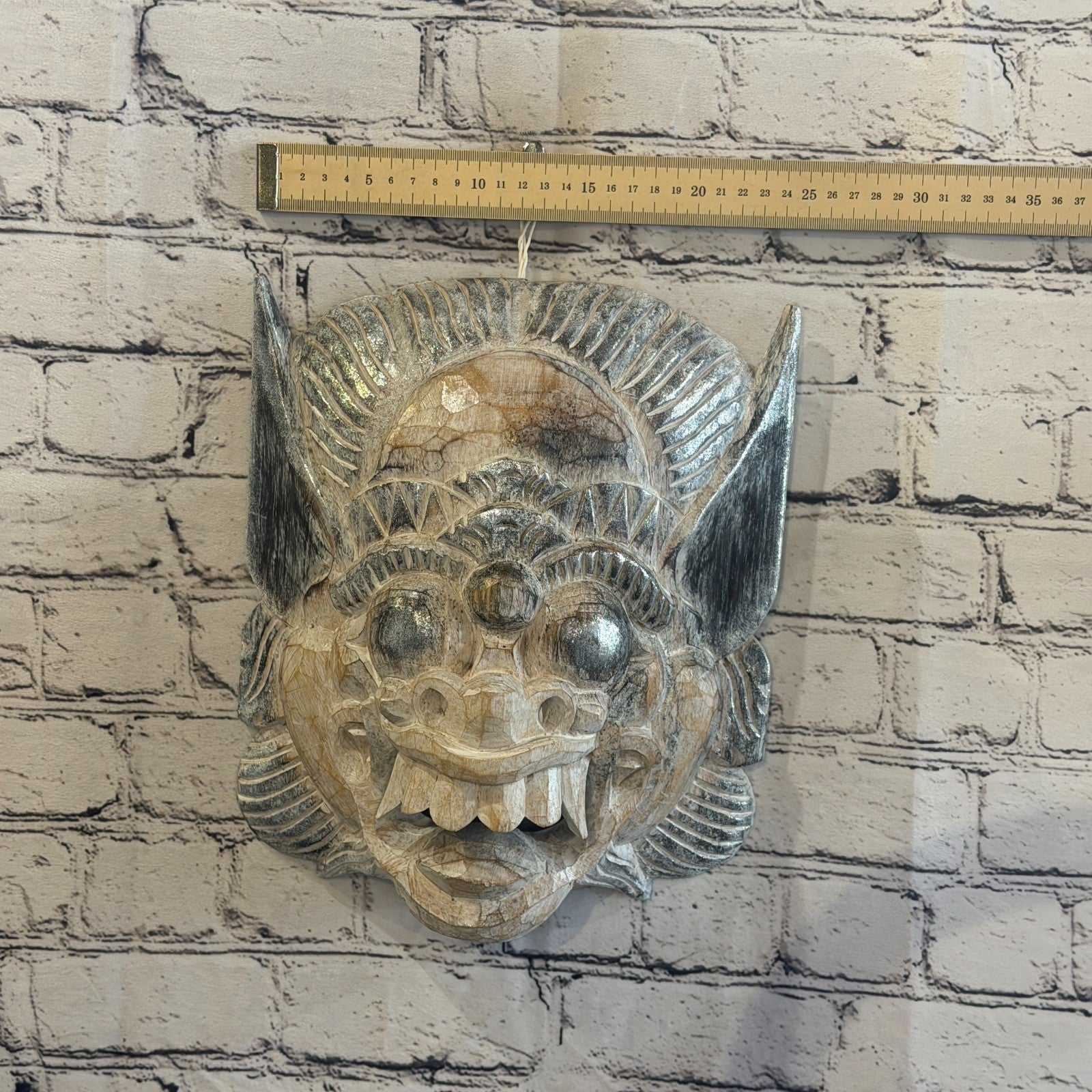White With Silver Barong Wall Mask 30cm x 25cm Handmade And Fairtrade Hindu3