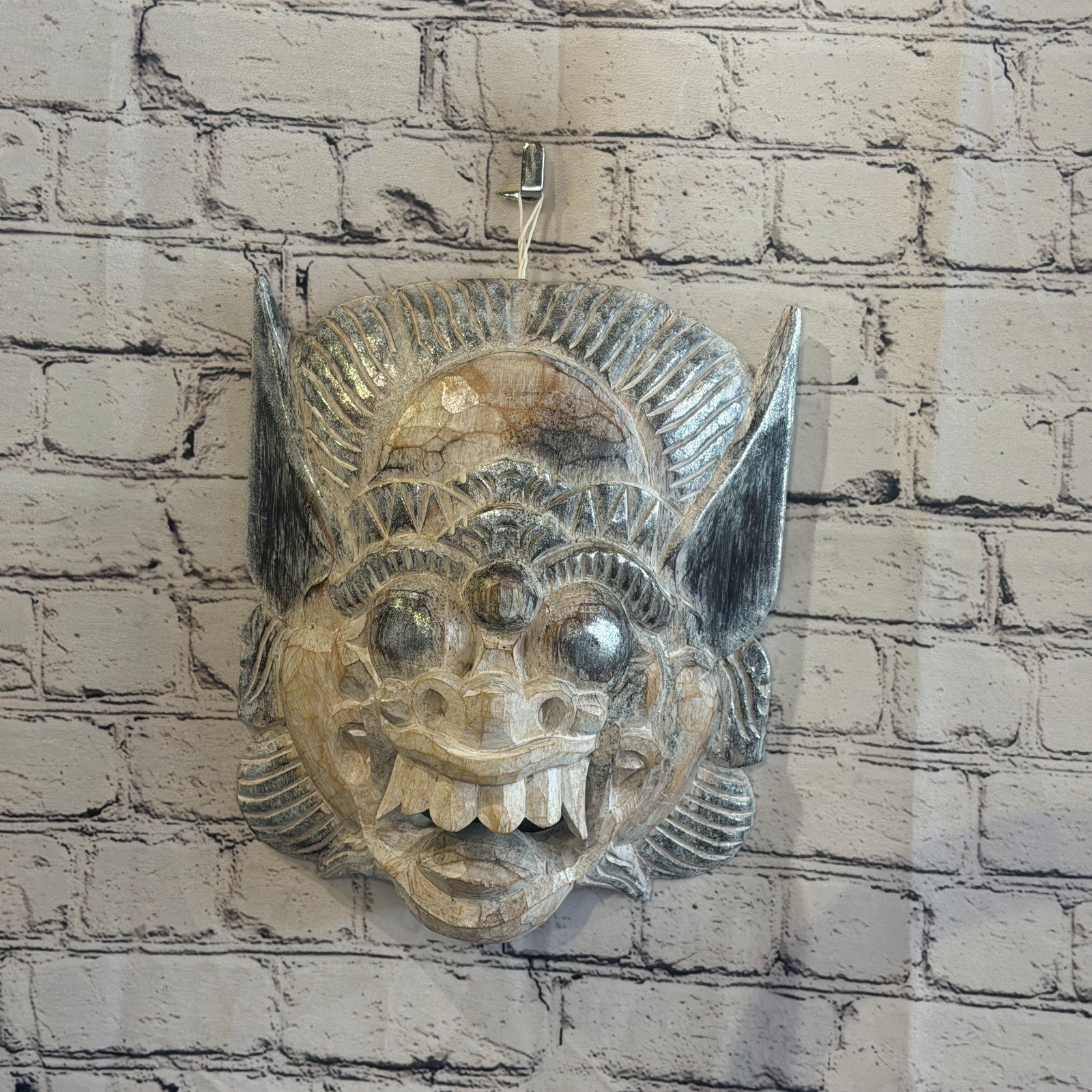 White With Silver Barong Wall Mask 30cm x 25cm Handmade And Fairtrade Hindu2