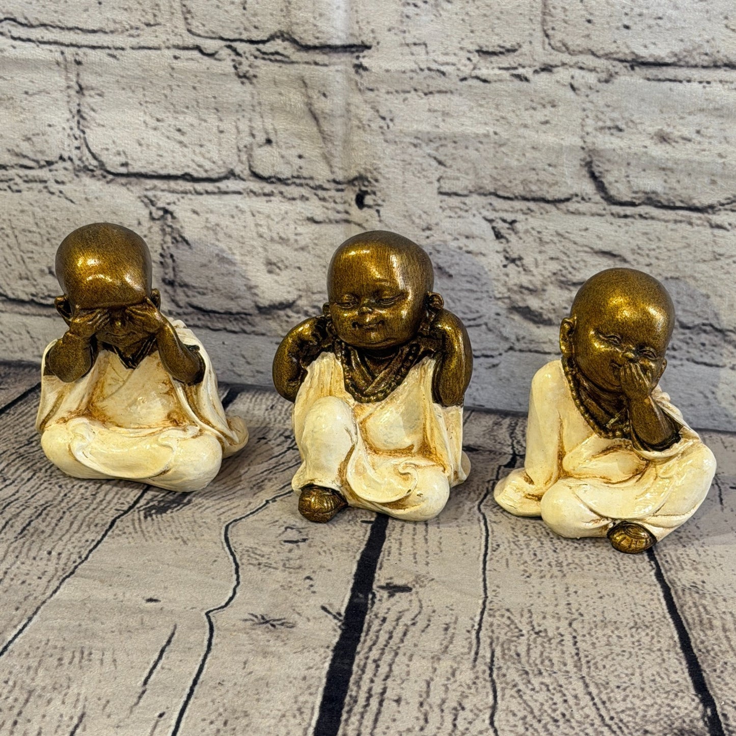 Cream 10cm Set Of 3 Wise Buddha Monks Sitting On Seat Statue Resin Hindu0