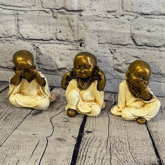 Cream 10cm Set Of 3 Wise Buddha Monks Sitting On Seat Statue Resin Hindu0
