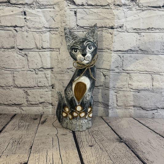 30cm Grey Silver Dots Wooden Shabby Cat Statue Ornament Fair Trade Handcarved0