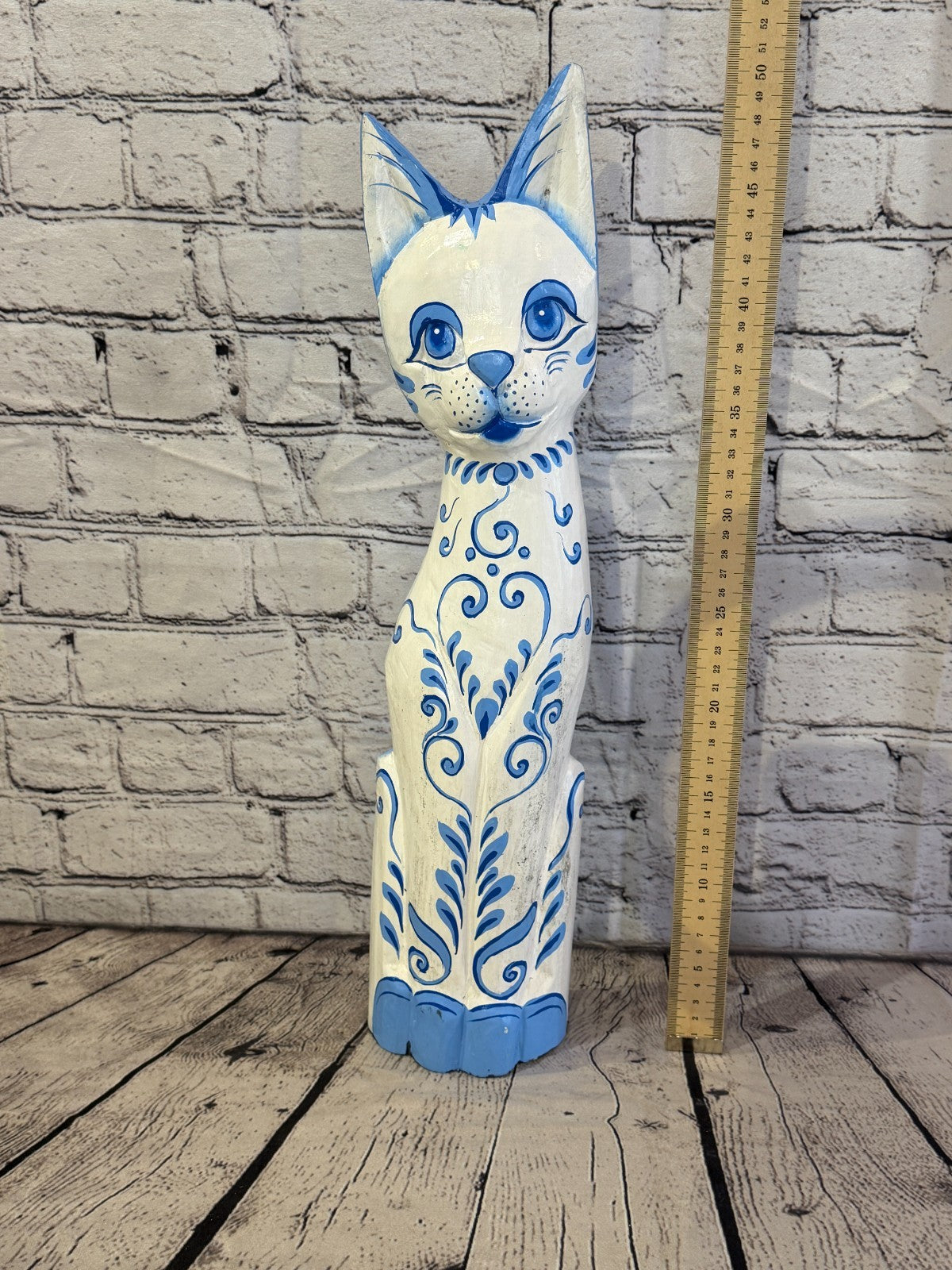 50cm Blue White Flower Wooden Shabby Cat Statue Ornament Fair Trade Handcarved5