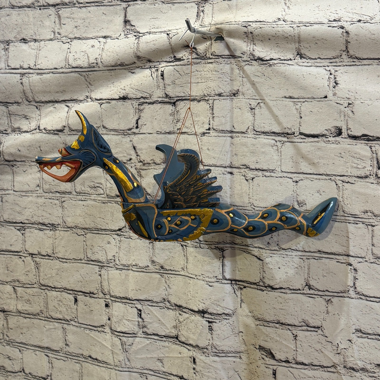 40cm Blue Dragon Folk Art Carved Wood Flying Winged Mobile Spirit Guardian0