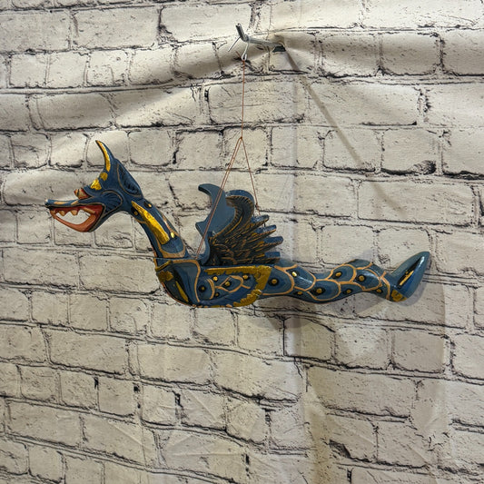 40cm Blue Dragon Folk Art Carved Wood Flying Winged Mobile Spirit Guardian0