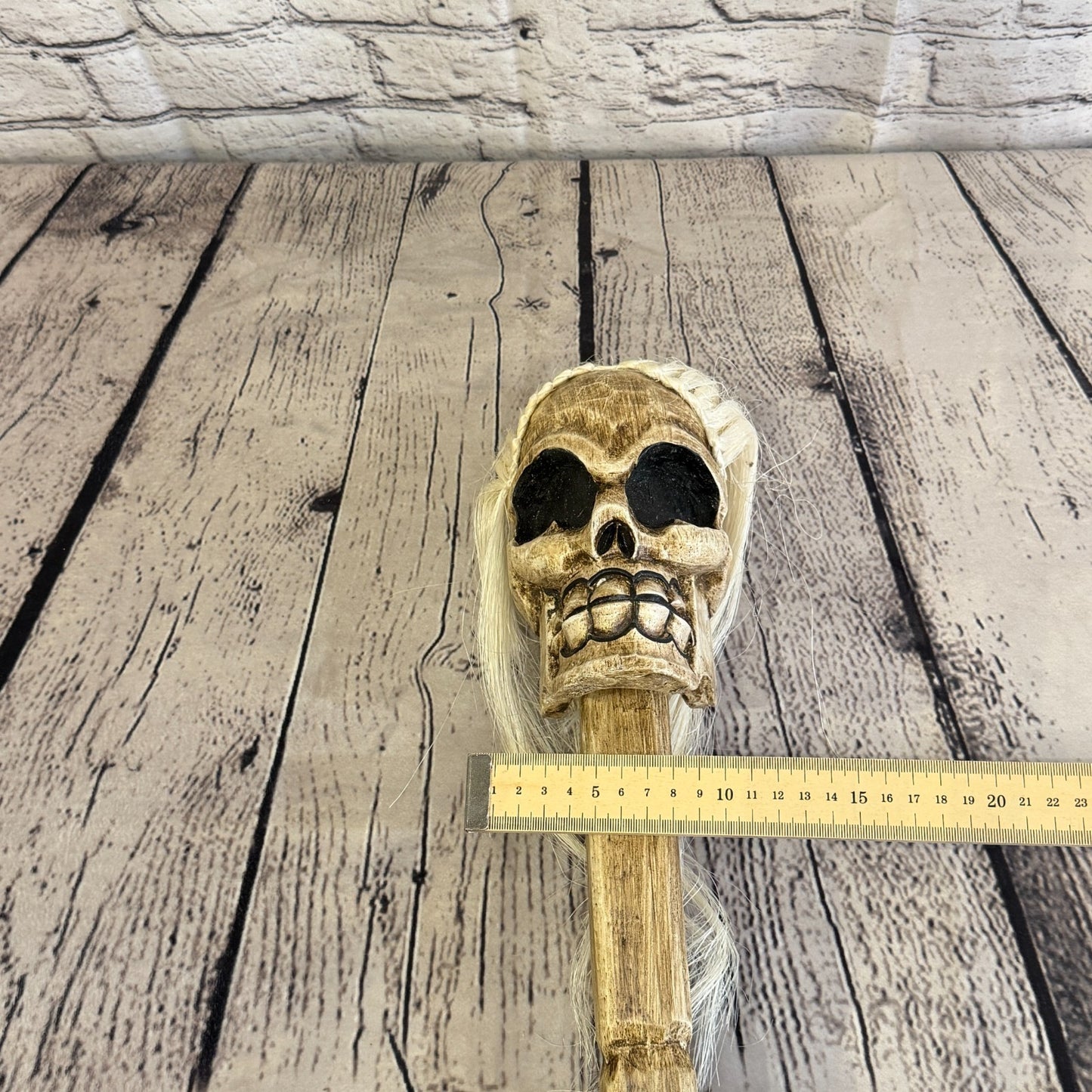 110cm Skeleton Skull With Hair Wood Stick Hand Carved Halloween Walking Staff6