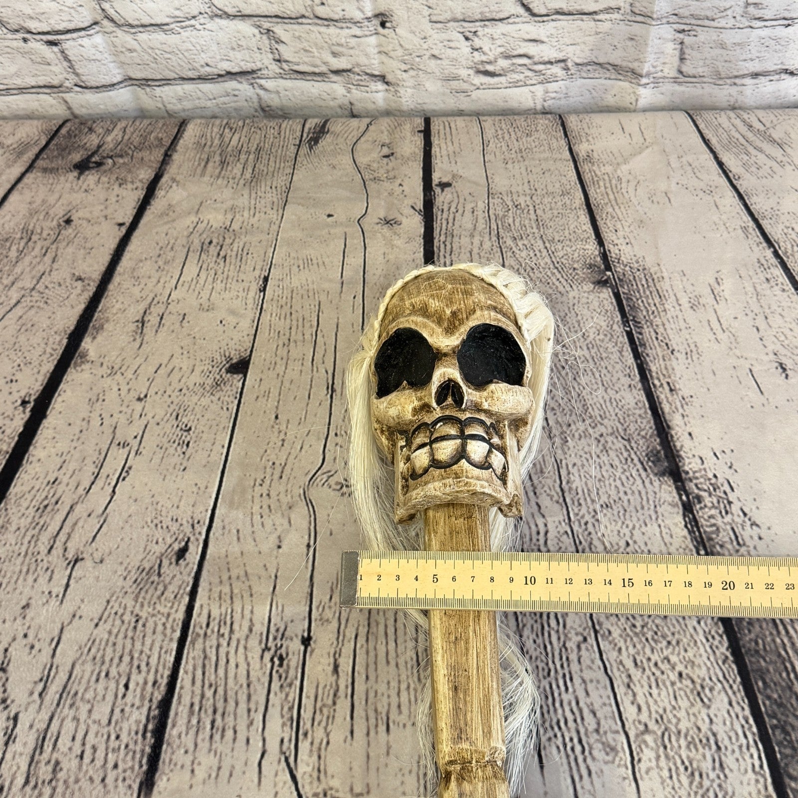 110cm Skeleton Skull With Hair Wood Stick Hand Carved Halloween Walking Staff6