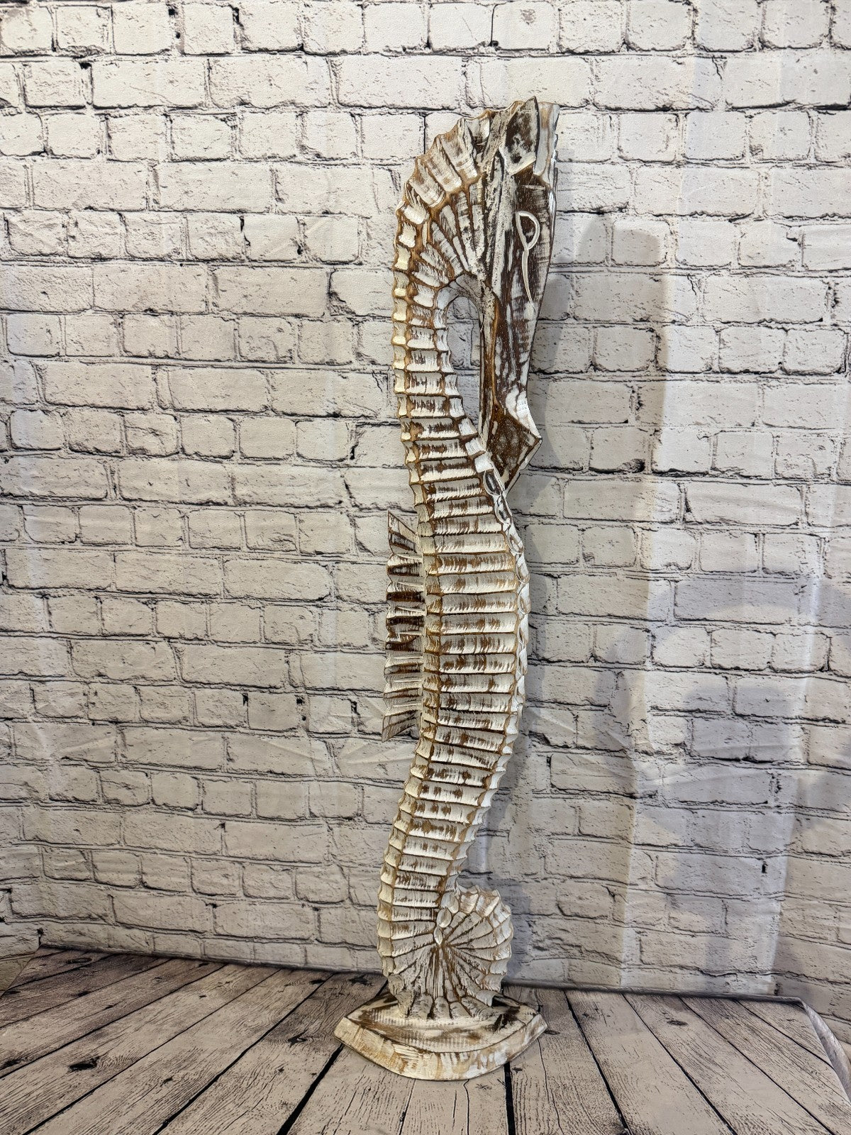 100cm Brown Wooden Shabby Seahorse Statue Ornament Fair Trade Handcarved3