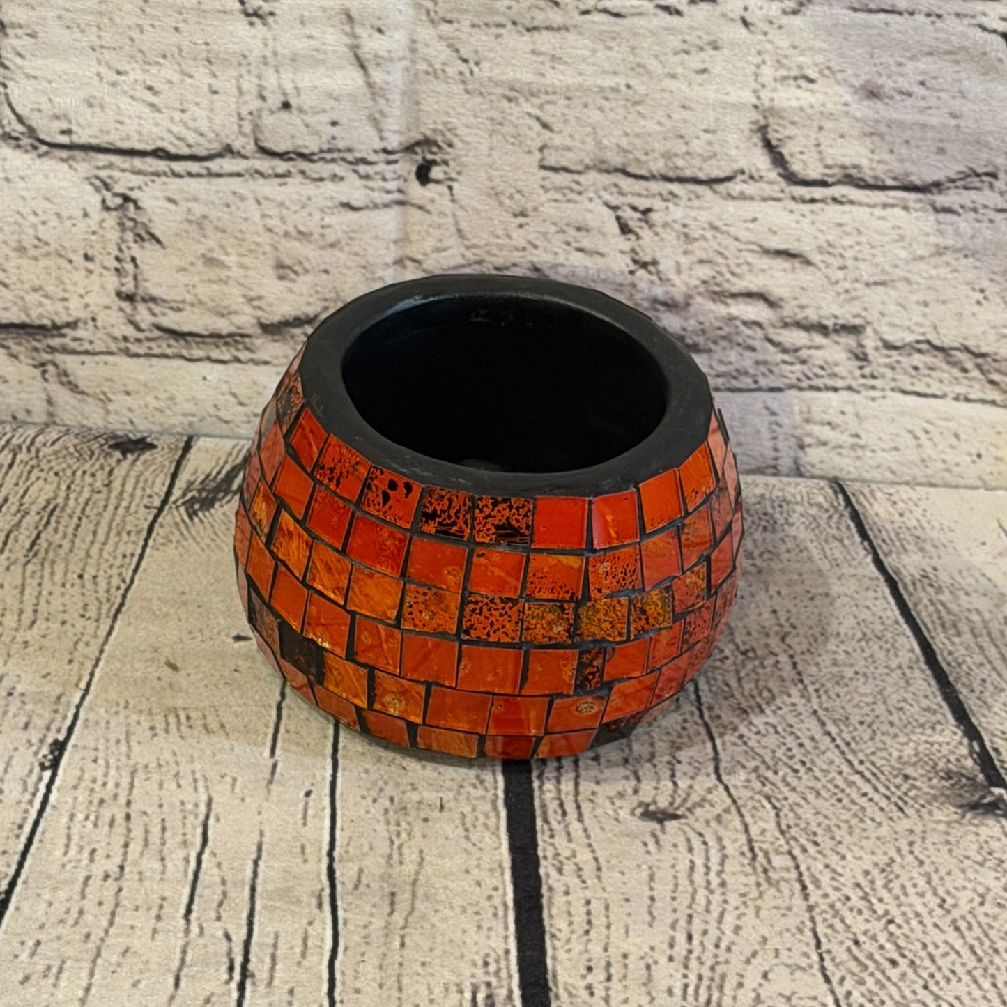 Orange Small Pot 12cm Round Mosaic Pottery Incense Holder Burner Detail0