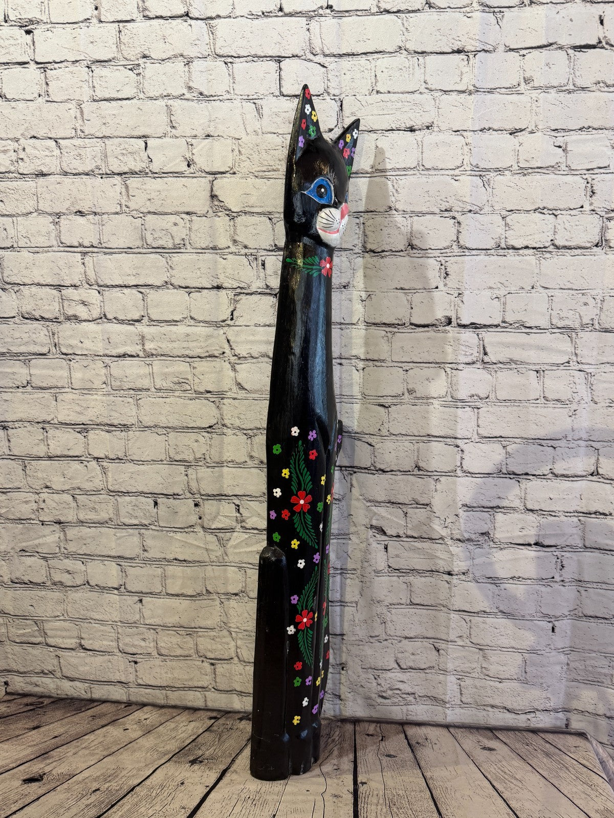 100cm Black Mix Flower Wooden Shabby Cat Statue Ornament Fair Trade Handcarved2